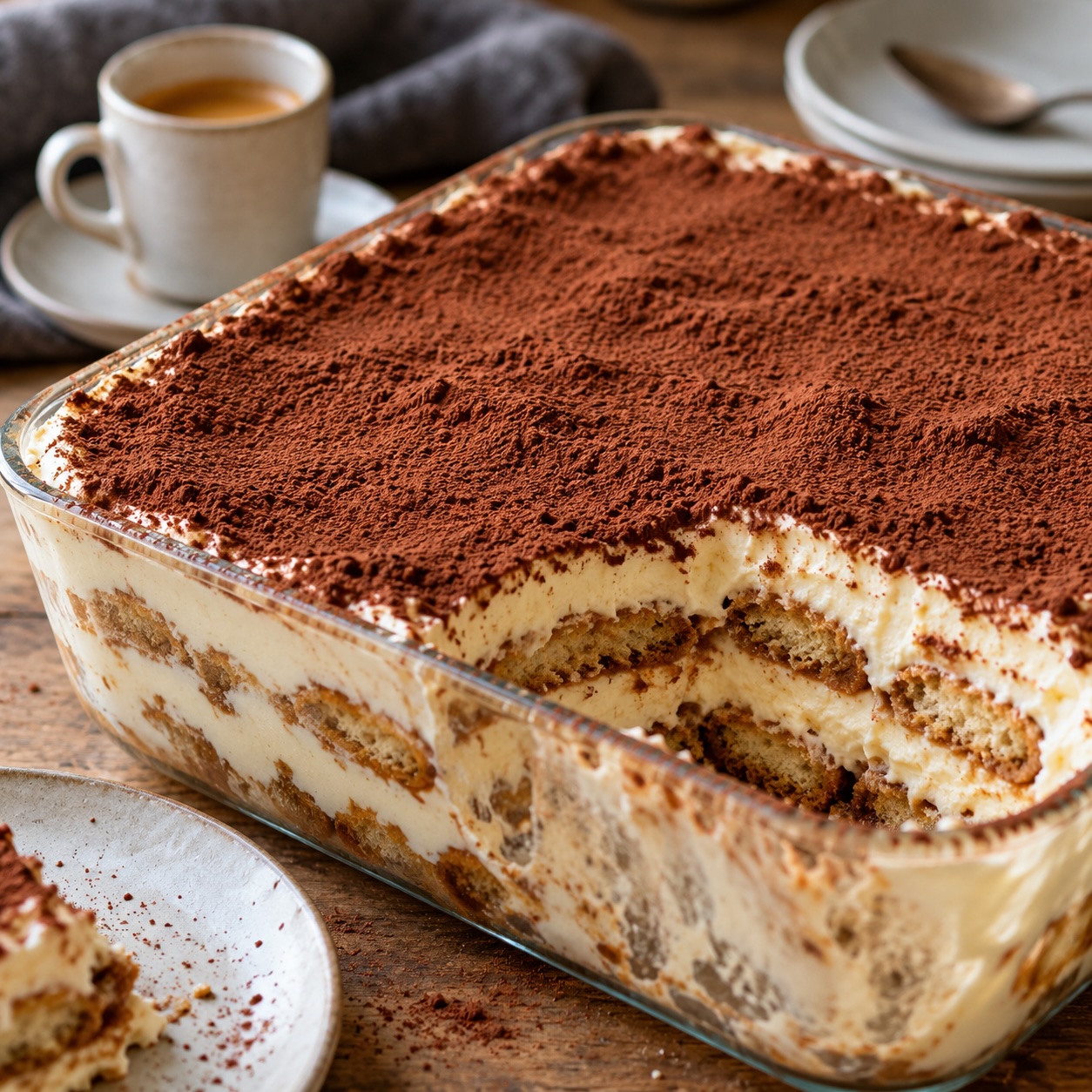 Klassisches Tiramisu mit Mascarpone, Espresso, Löffelbiskuits und Kakao