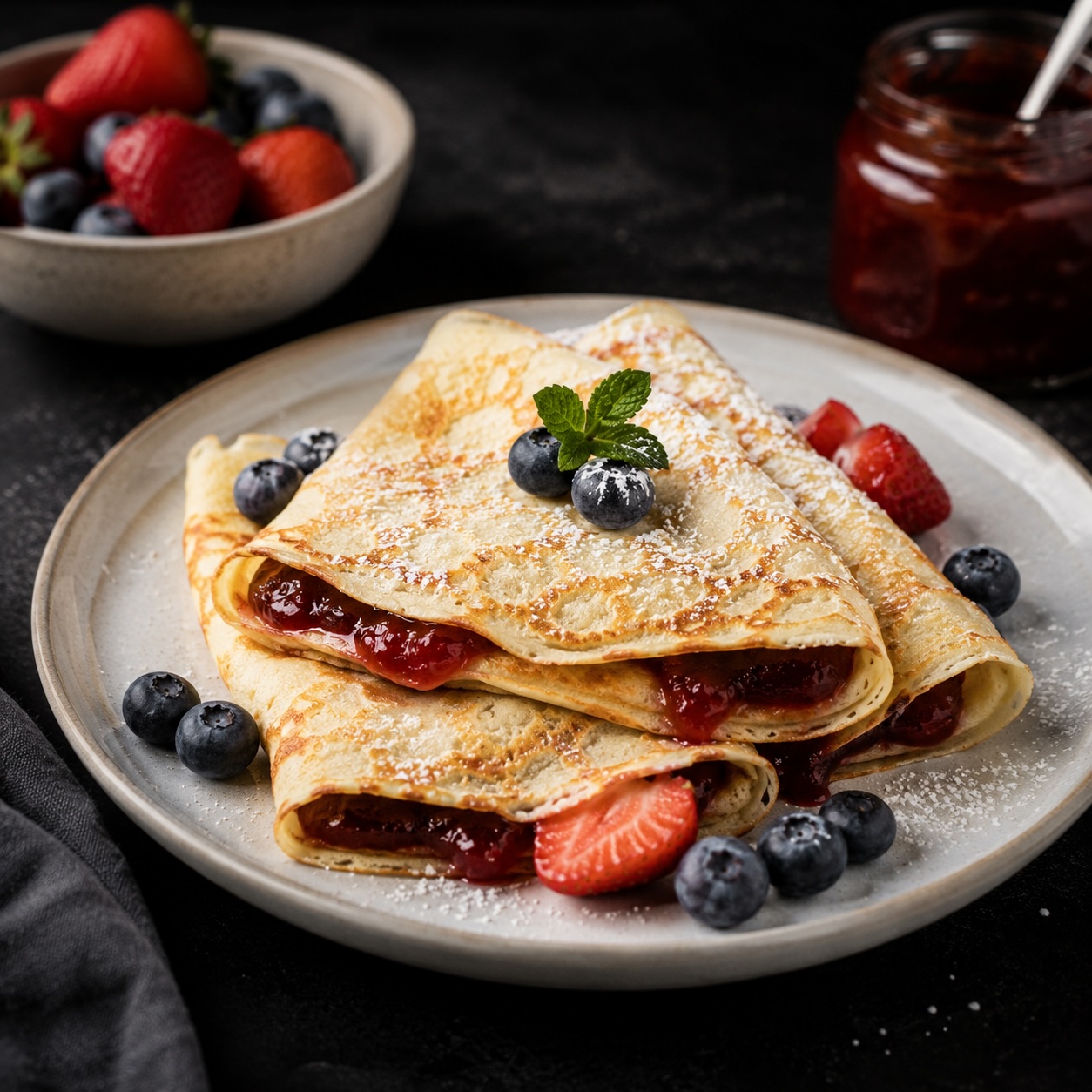 Gefüllte Palatschinken mit Marmelade und frischen Beeren