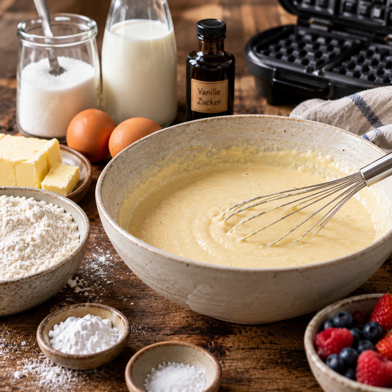 Waffelteig mit Butter, Eiern und Milch vor dem Backen