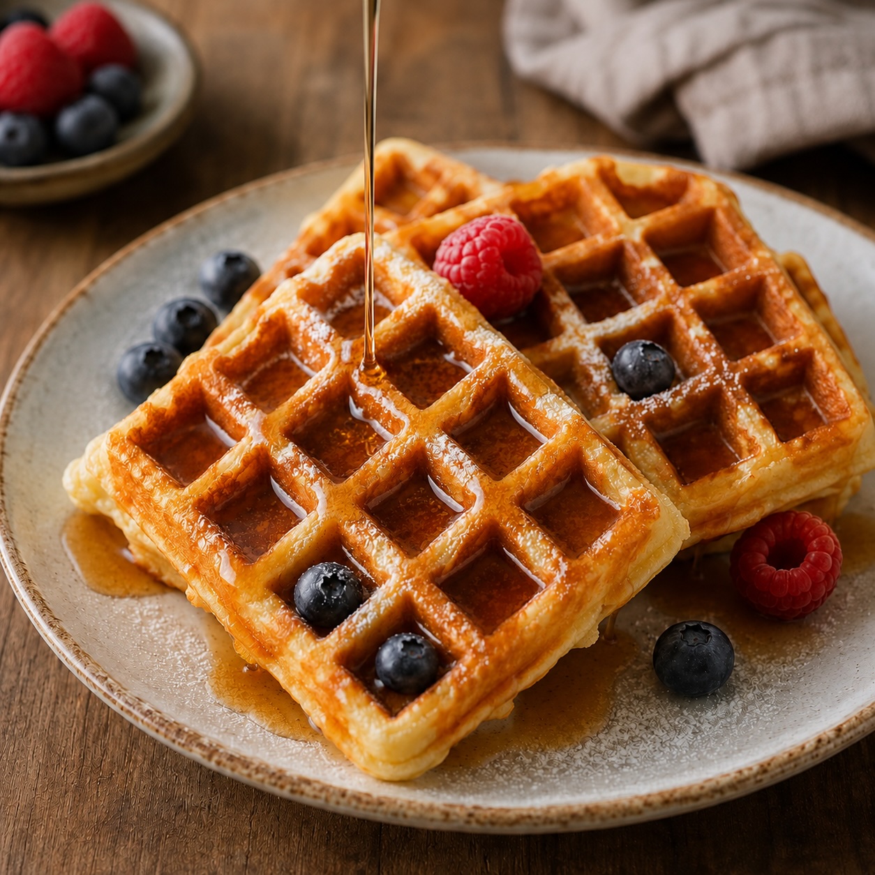 Frisch gebackene Waffeln mit Staubzucker und Beeren