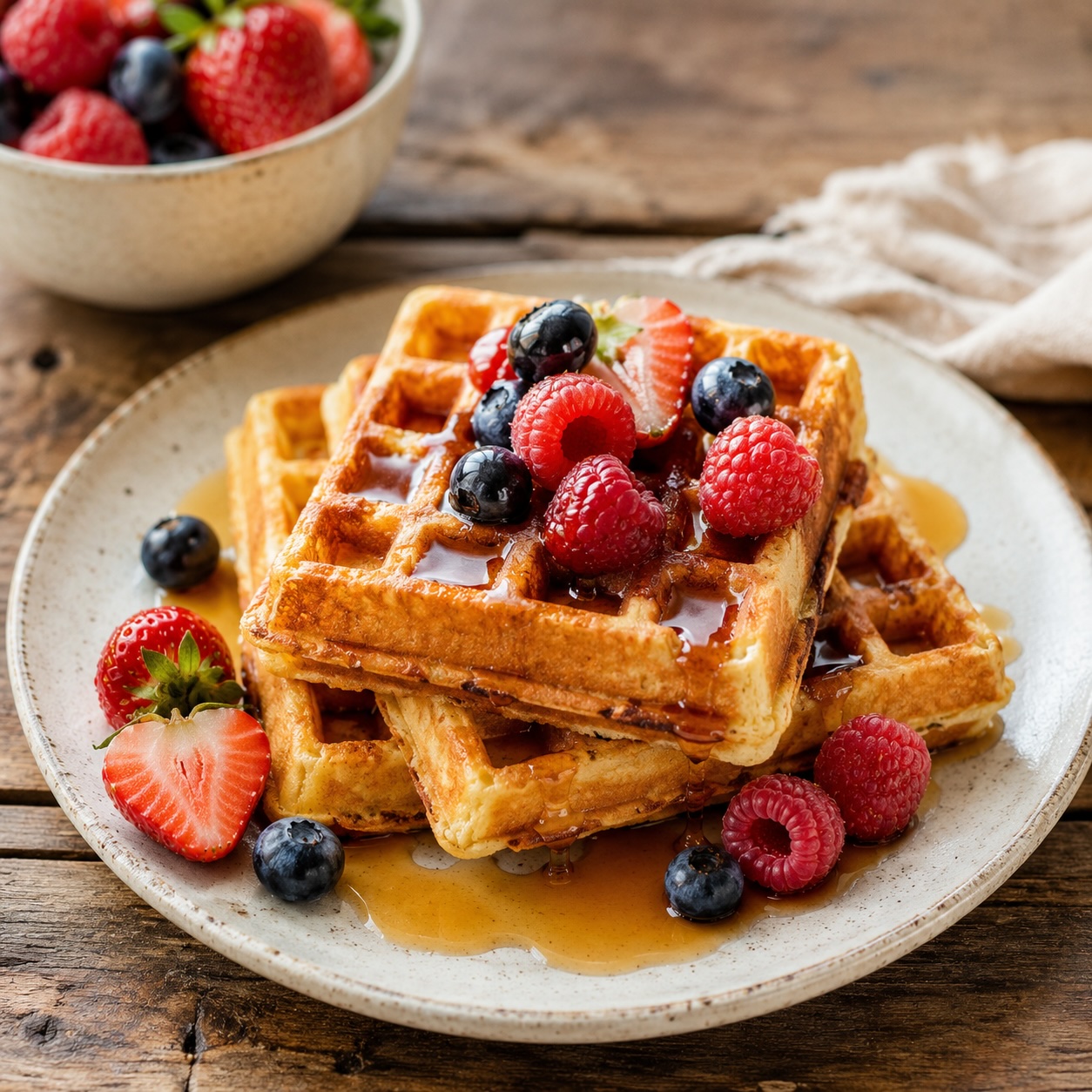 Goldbraune Waffeln mit Ahornsirup und frischen Beeren