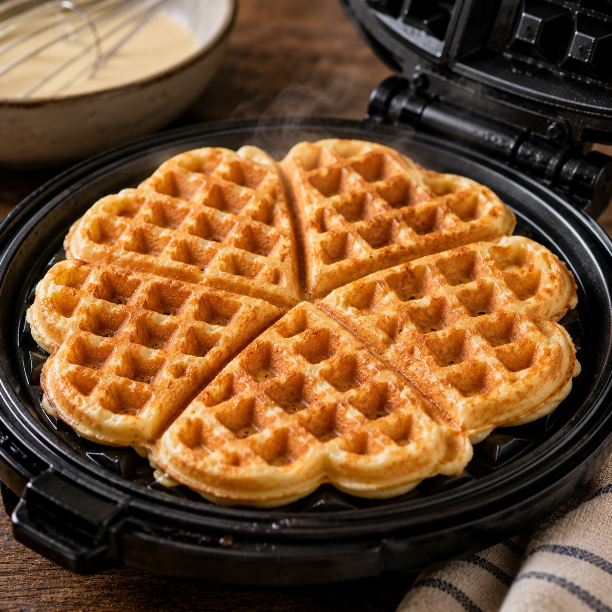Frisch gebackene Waffeln direkt aus dem Waffeleisen
