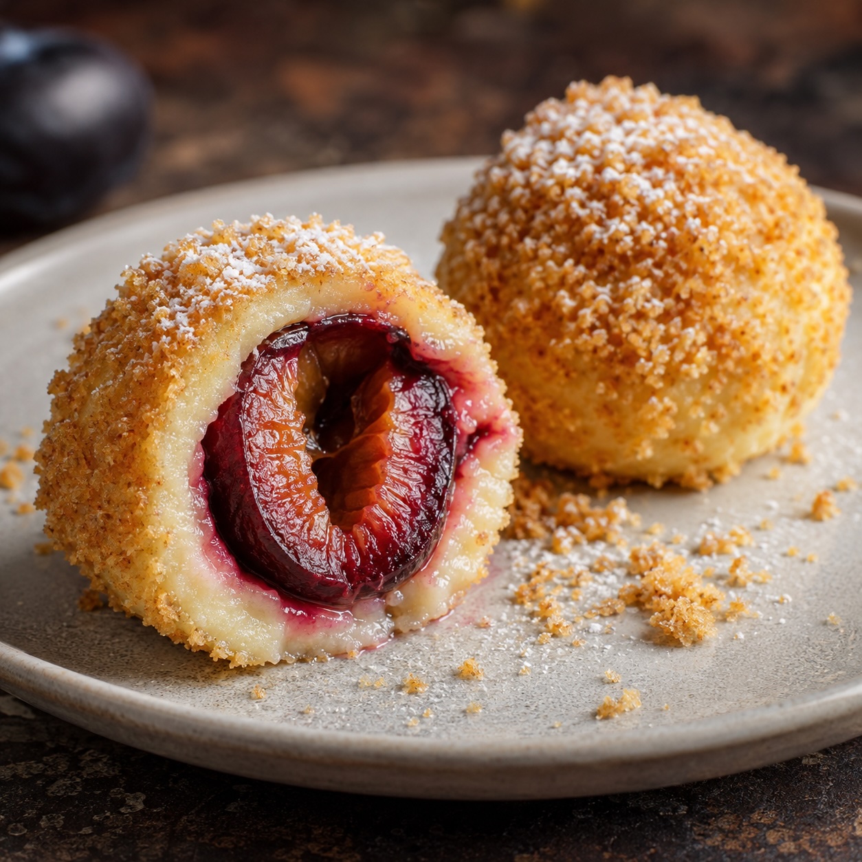Zwetschkenknödel aus Topfenteig mit goldbraunen Butterbröseln