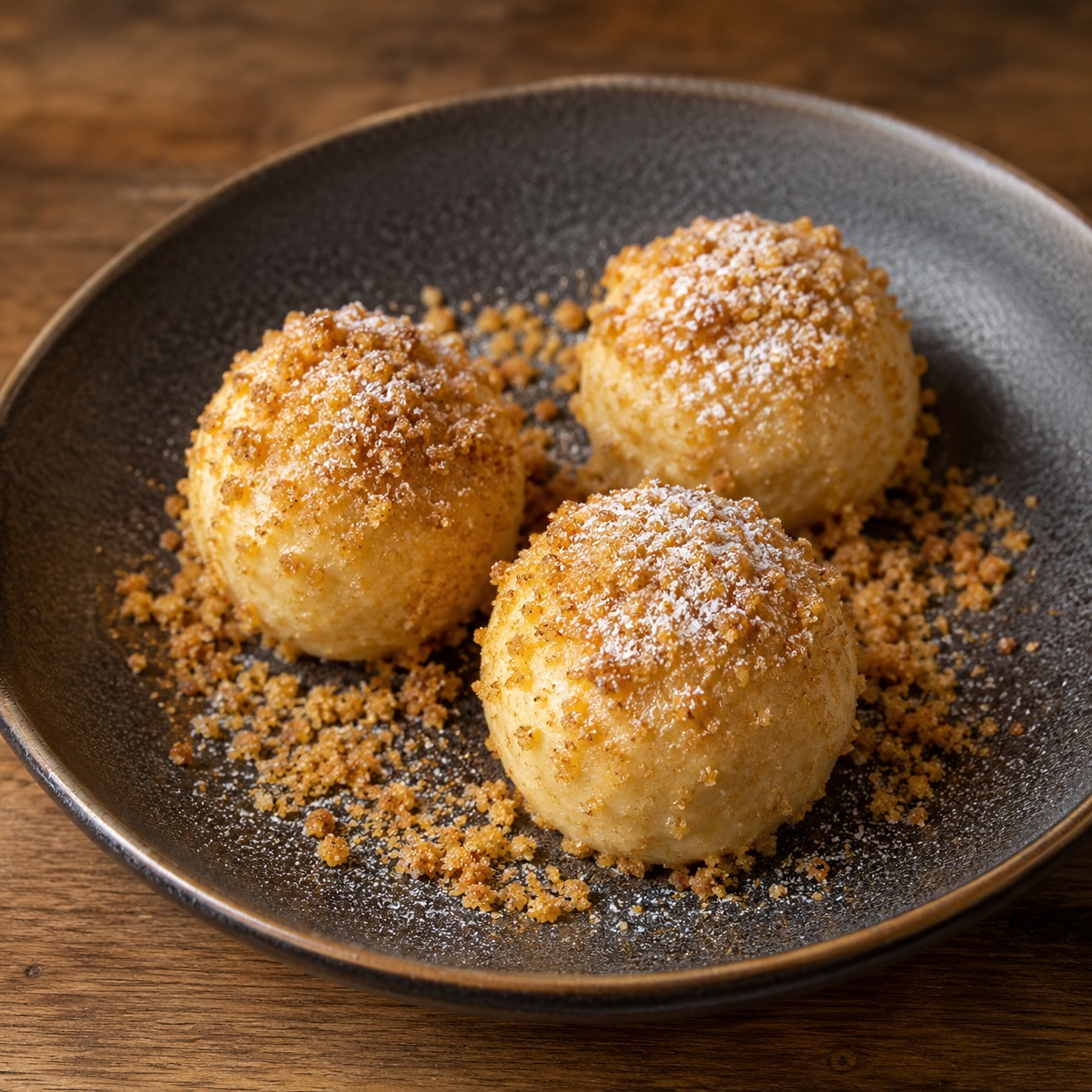Zwetschkenknödel mit Topfenteig und goldbraunen Butterbröseln