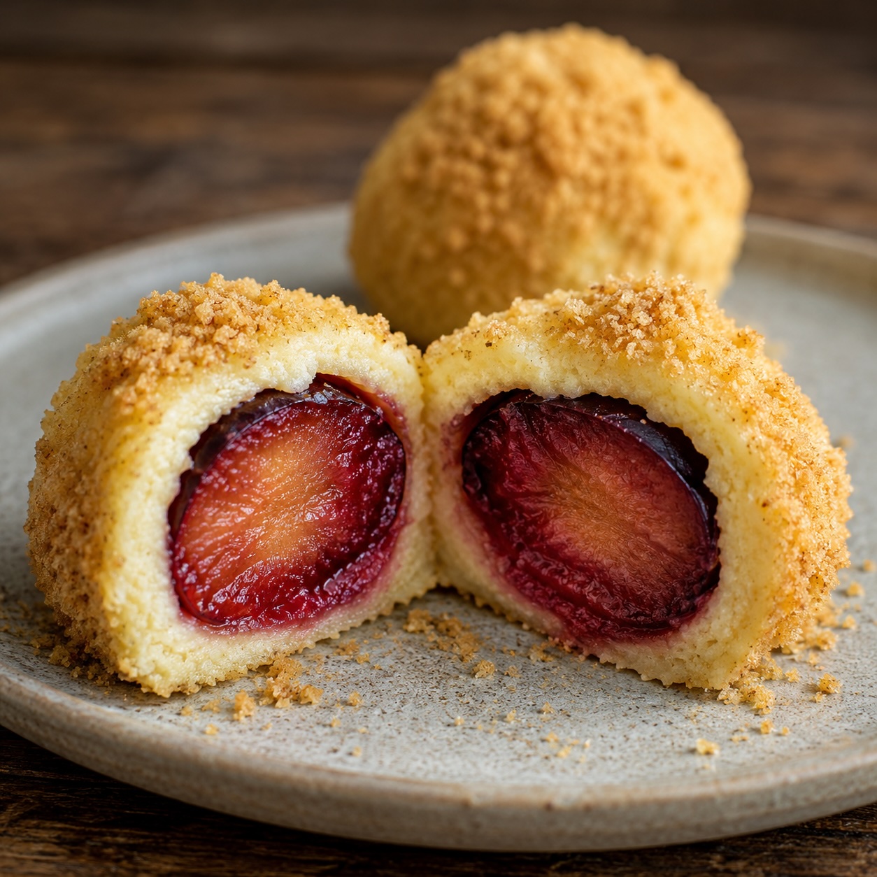 Aufgeschnittener Zwetschkenknödel mit sichtbarer Zwetschkenfüllung