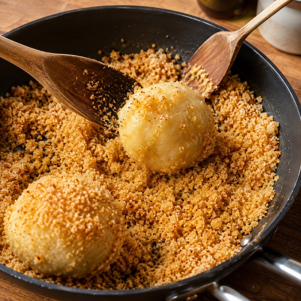 Zwetschkenknödel werden in goldbraunen Butterbröseln gewälzt