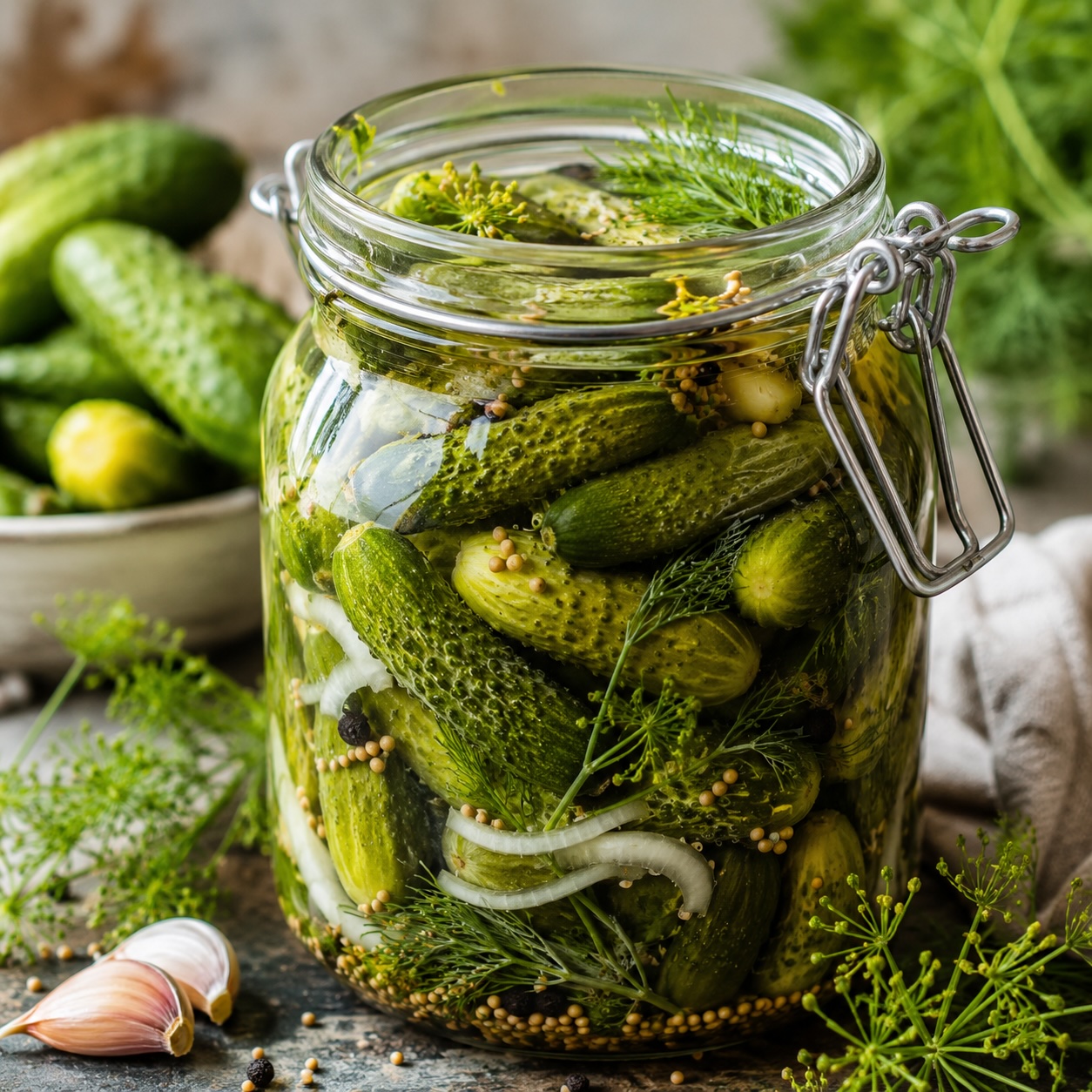 Essiggurken im Glas mit Dill und Gewürzen
