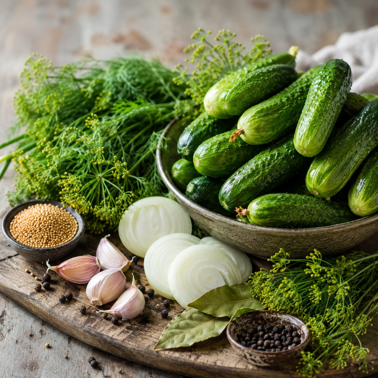 Einlegegurken mit Dill, Zwiebel und Gewürzen vorbereitet