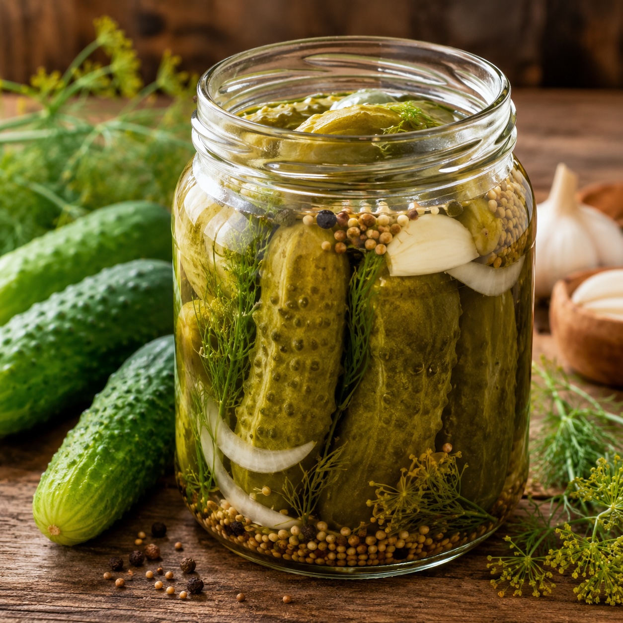 Selbst eingelegte Essiggurken mit Dill und Gewürzen