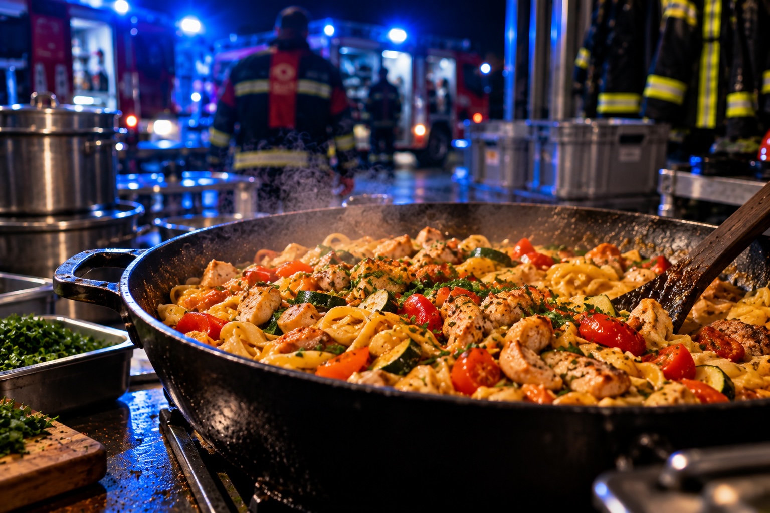 Nudelpfanne mit Huhn und Gemüse für die Einsatzküche