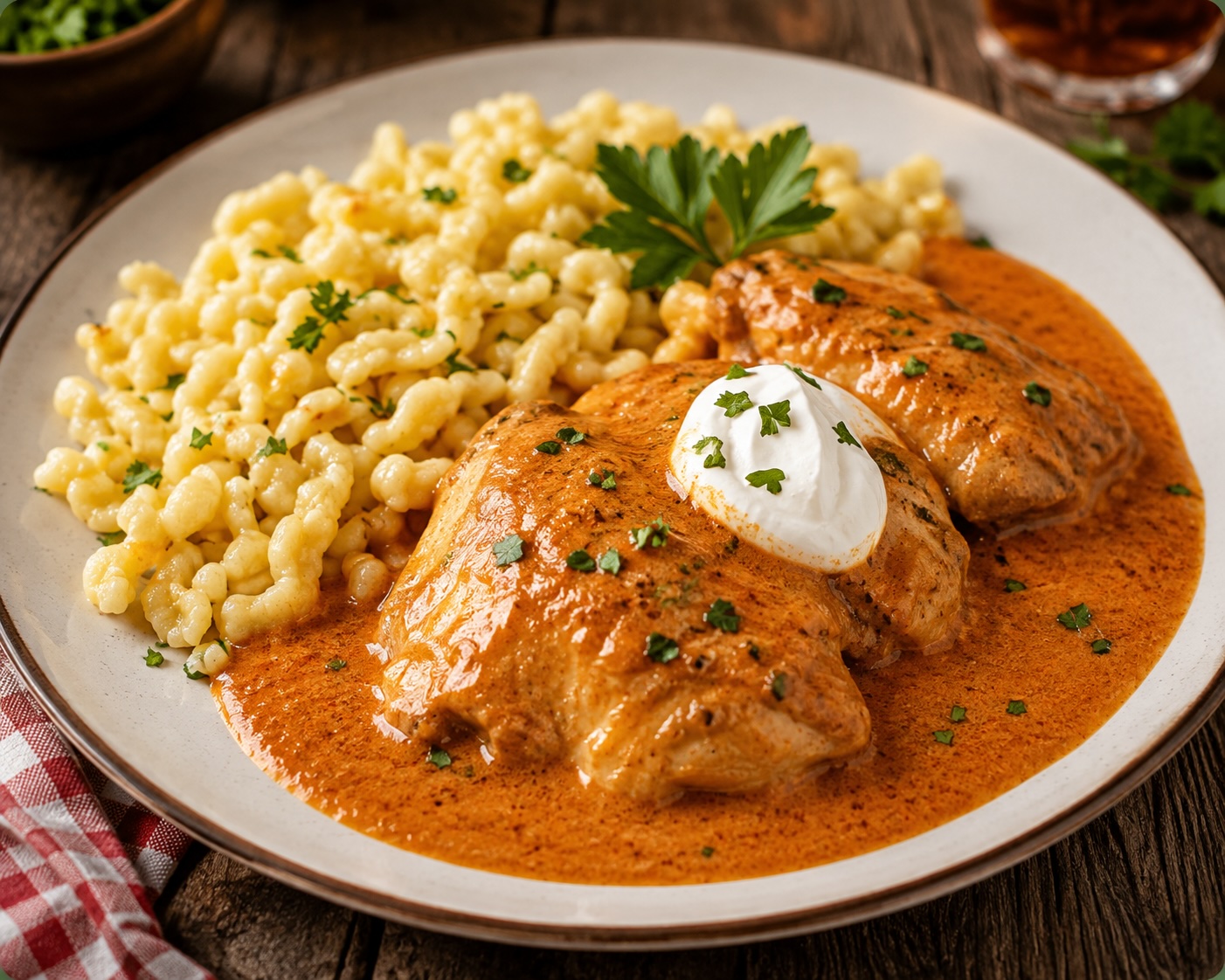 Paprikahendl mit cremiger Paprikasauce und hausgemachten Spätzle