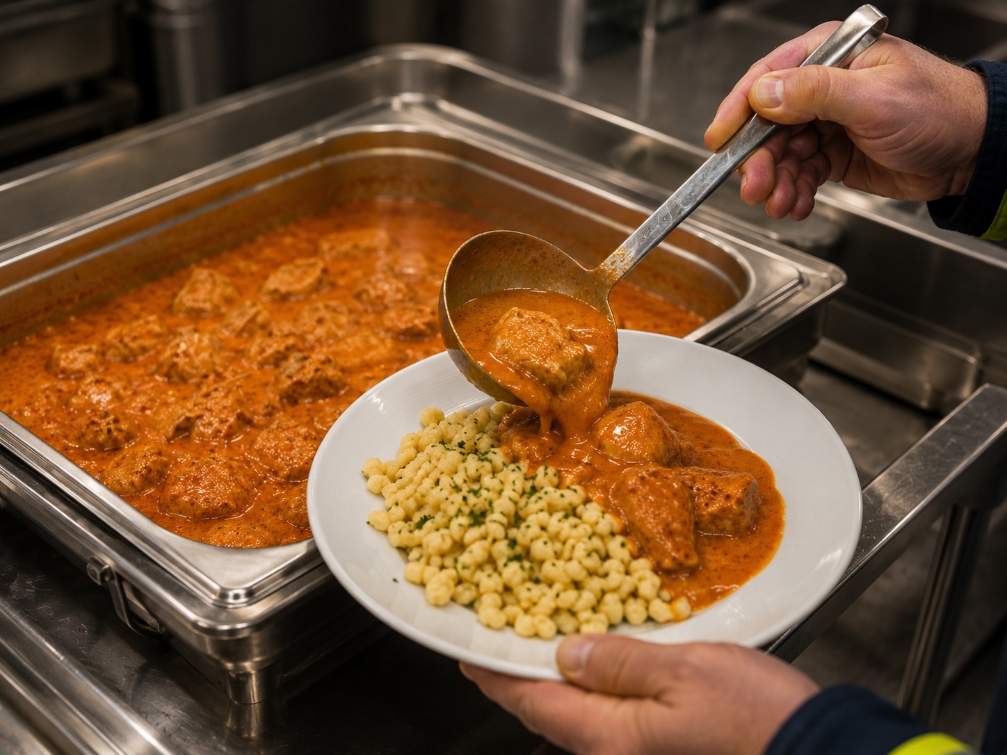 Paprikahendl mit Spätzle bei der Ausgabe aus einem GN-Behälter
