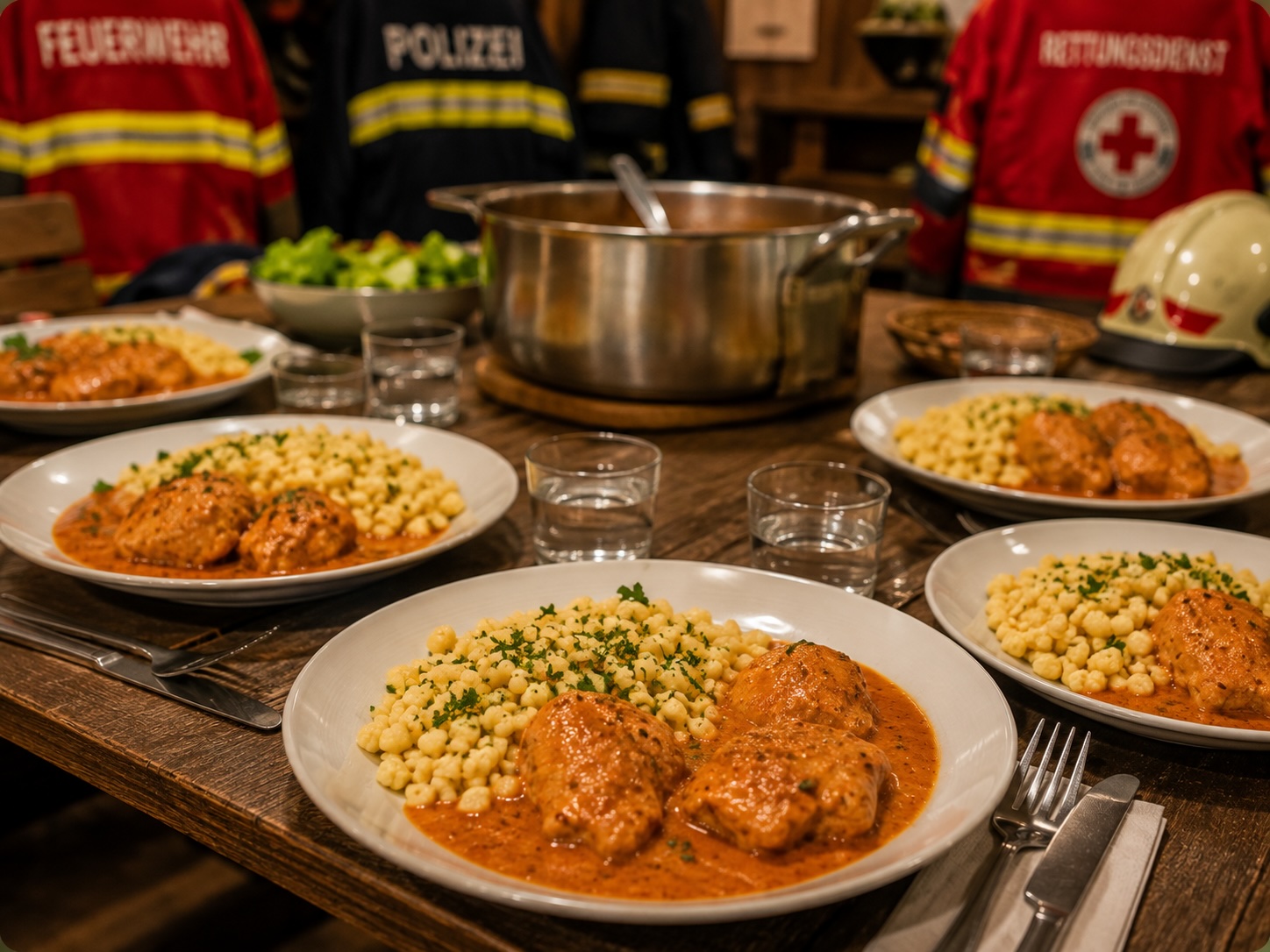 Mehrere Portionen Paprikahendl mit Spätzle für die Mannschaft