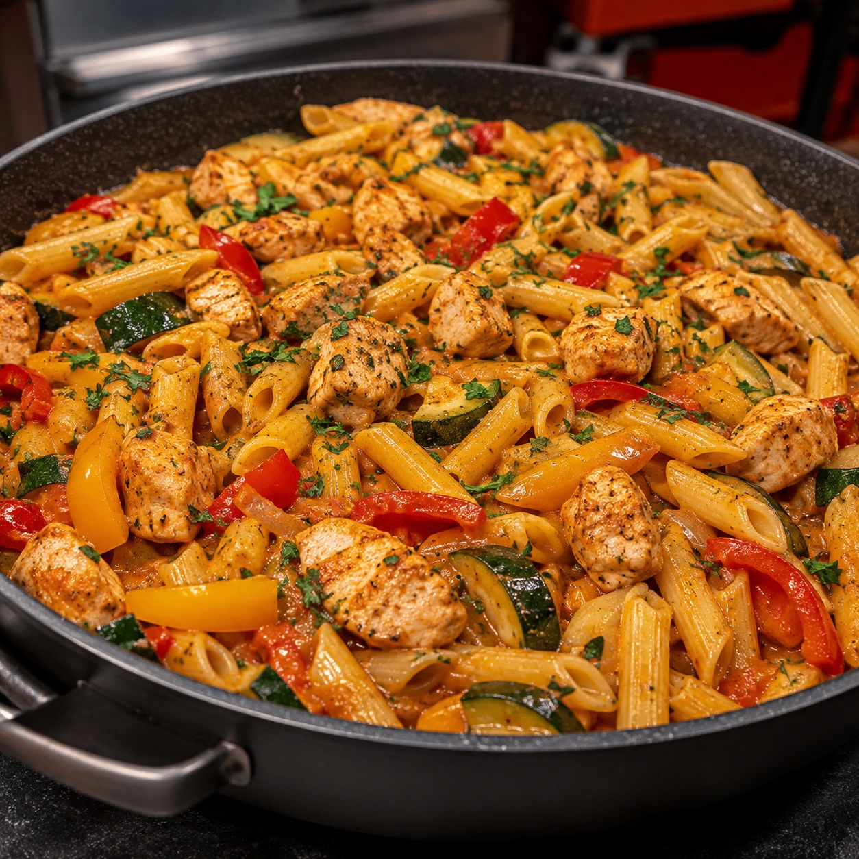 Einsatz-Nudelpfanne mit Huhn, Paprika und Zucchini fertig angerichtet
