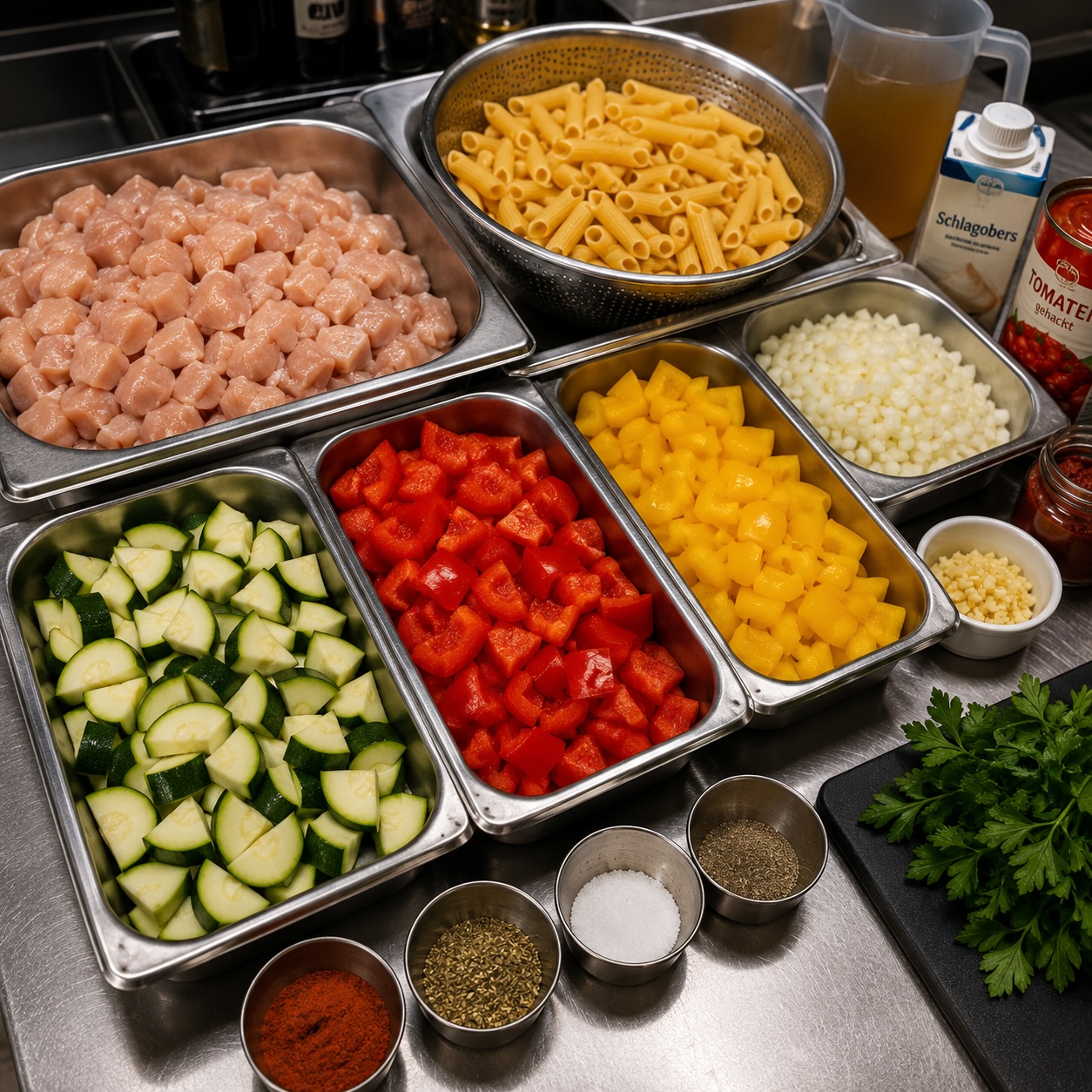 Geschnittenes Hühnerfleisch, Paprika, Zucchini und Zwiebeln für die Einsatz-Nudelpfanne