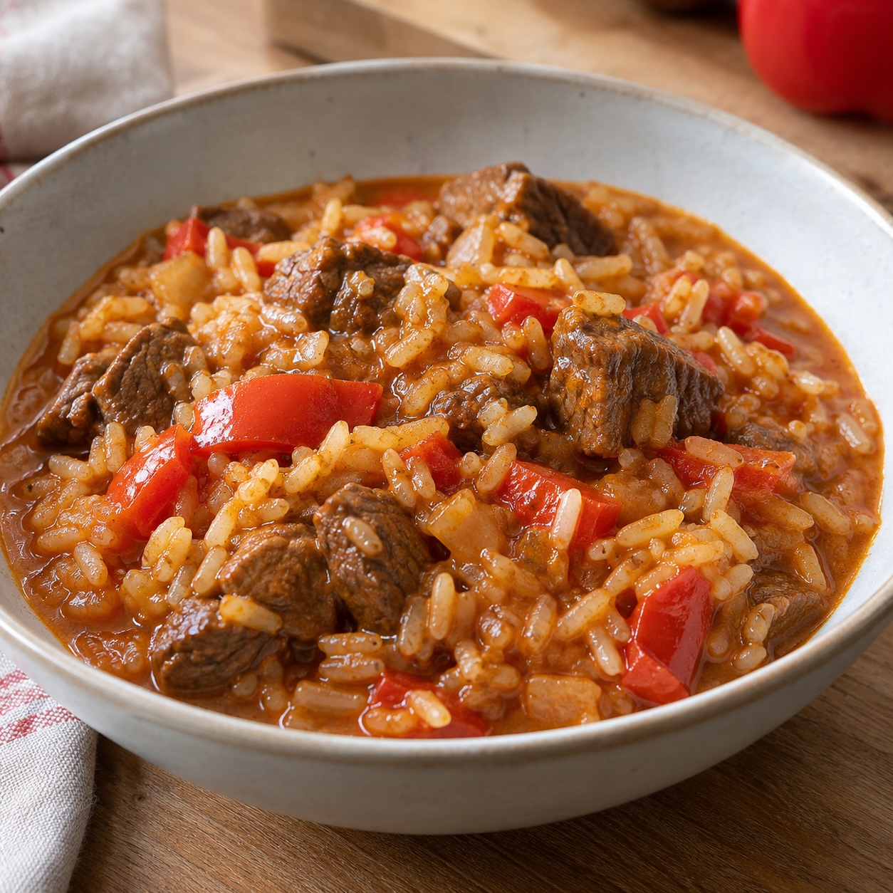 Reisfleisch mit Rindfleisch, Paprika und Reis