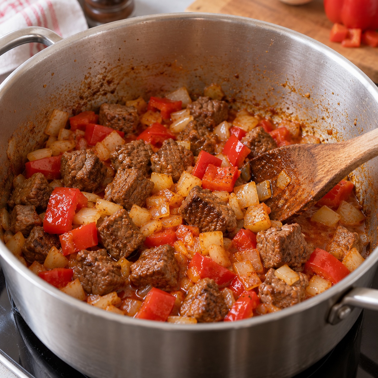 Rindfleisch mit Zwiebeln und Paprika beim Anrösten