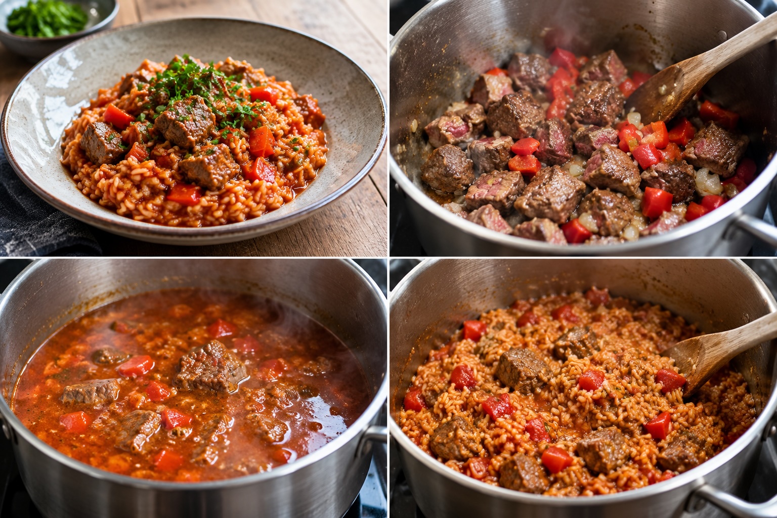 Fertig gegartes Reisfleisch mit Rind und Paprika