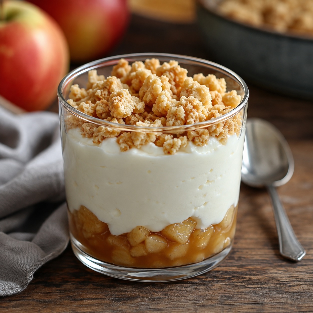 Topfencreme mit Apfelkompott und Butterstreuseln im Glas