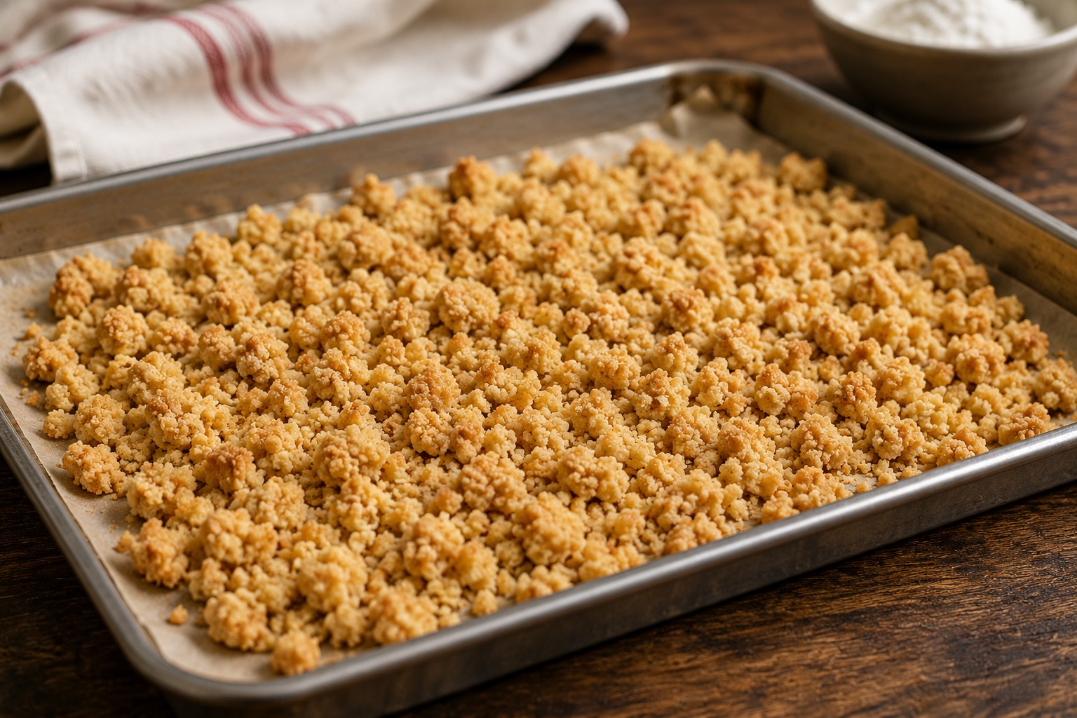 Frisch gebackene Butterstreusel auf einem Backblech