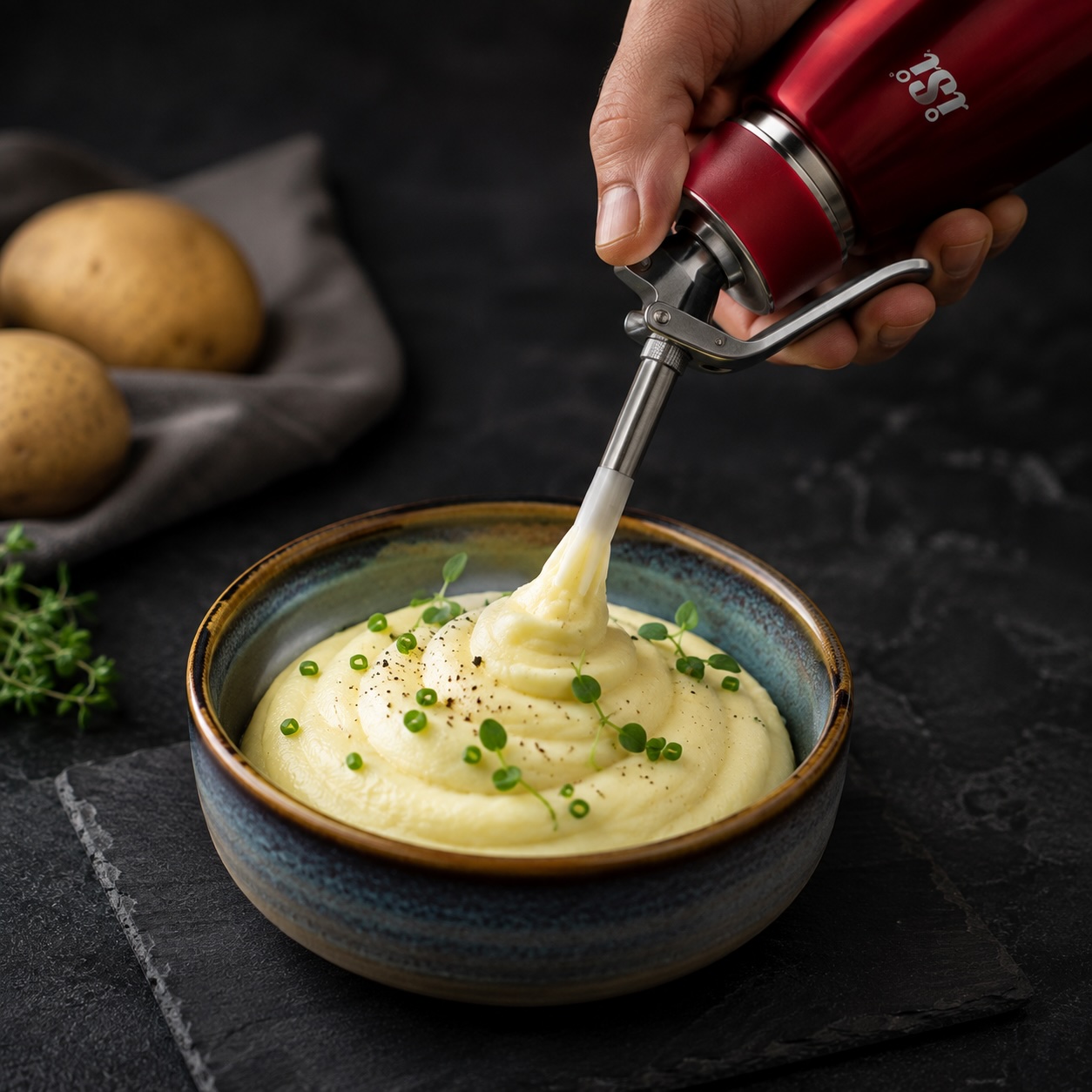 Warmer Kartoffel-Espuma frisch aus dem iSi