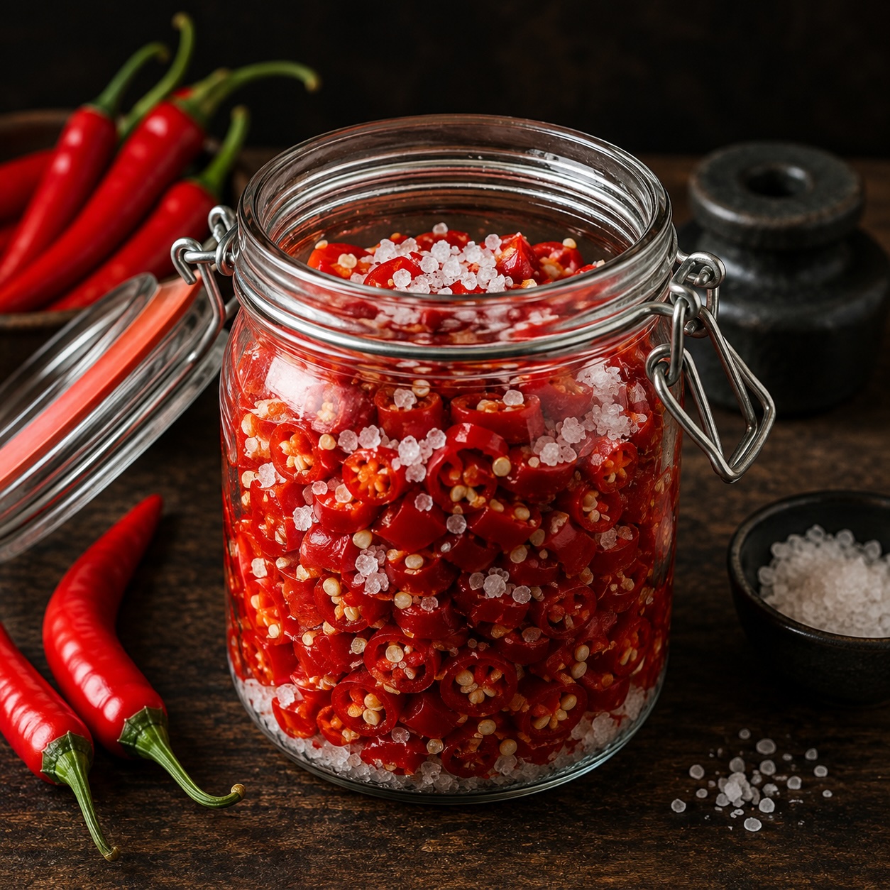 Rote Chilis mit Salz im Glas zur natürlichen Fermentation