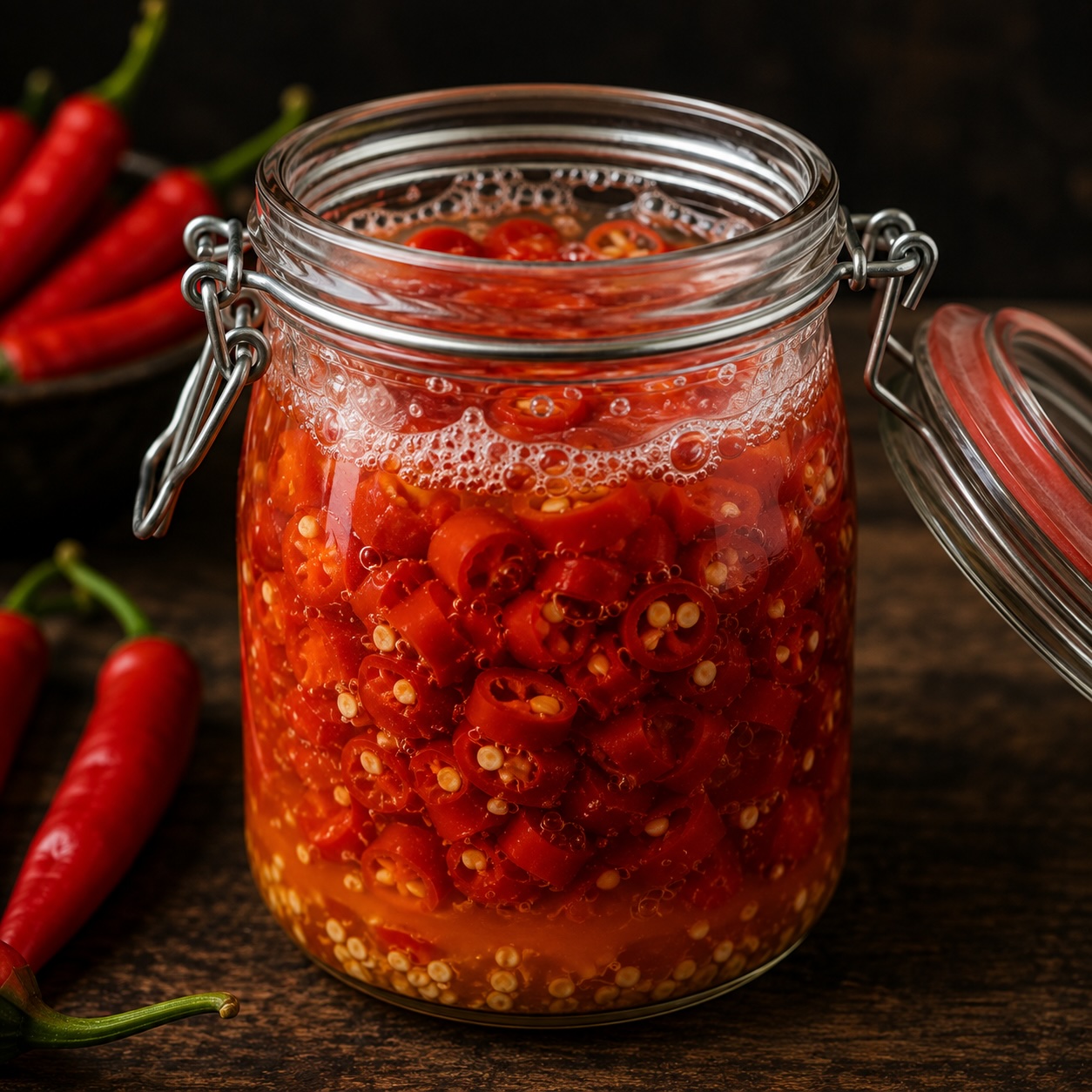 Chilis mit Salz im Fermentationsglas