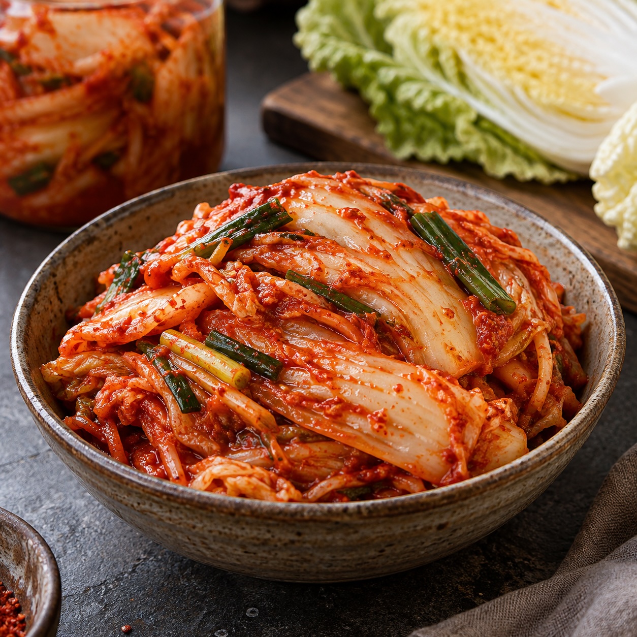 Hausgemachtes Kimchi aus Chinakohl mit Chili, Ingwer und Frühlingszwiebeln
