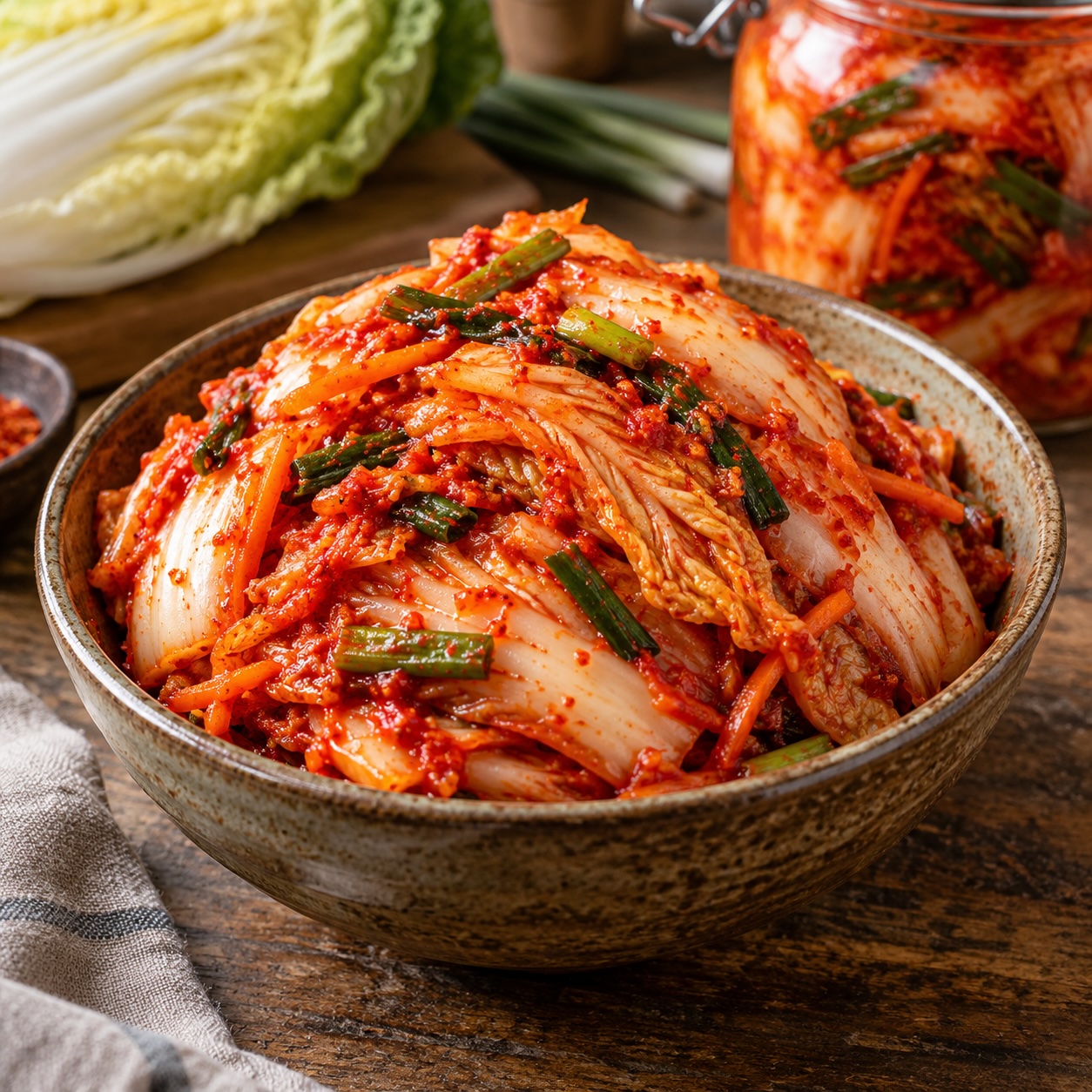 Hausgemachtes Kimchi aus fermentiertem Chinakohl mit Chili und Frühlingszwiebeln