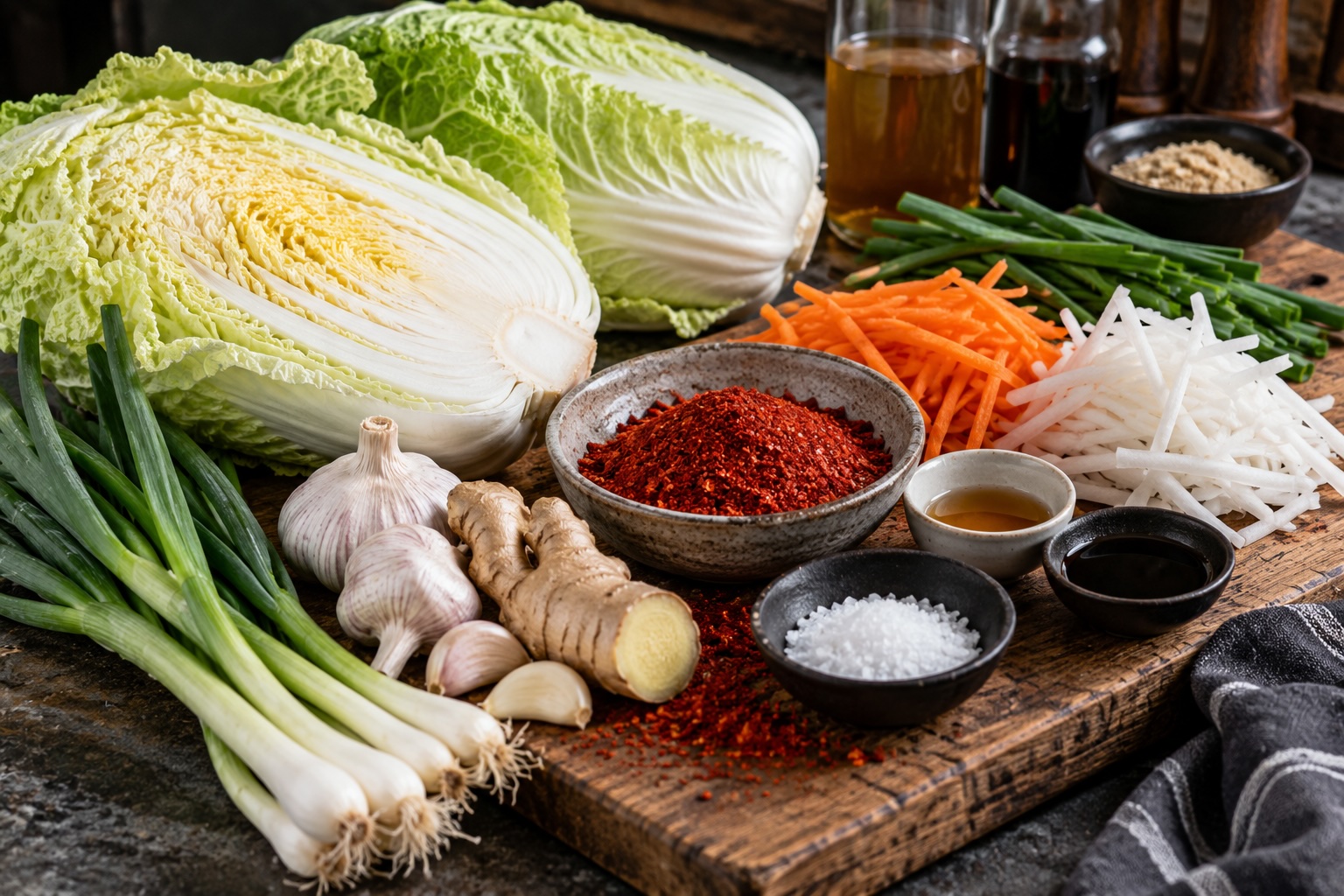 Zutaten für Kimchi mit Chinakohl, Rettich, Karotte, Chili, Ingwer und Knoblauch