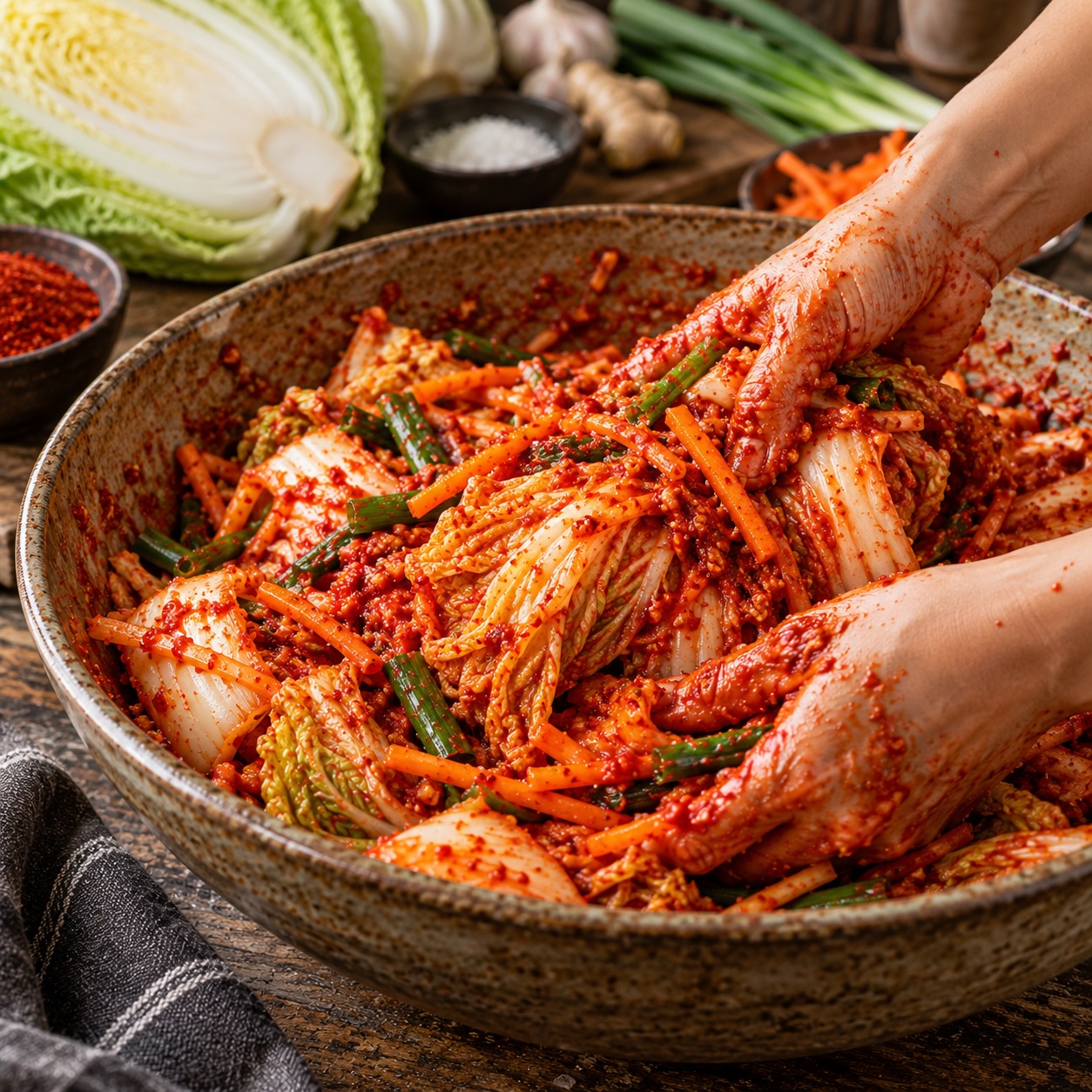 Chinakohl mit würziger Kimchi-Paste aus Chili, Ingwer und Knoblauch vermengen