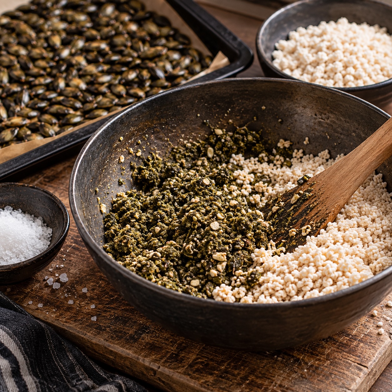 Geröstete Kürbiskerne und Koji werden für das Miso vorbereitet