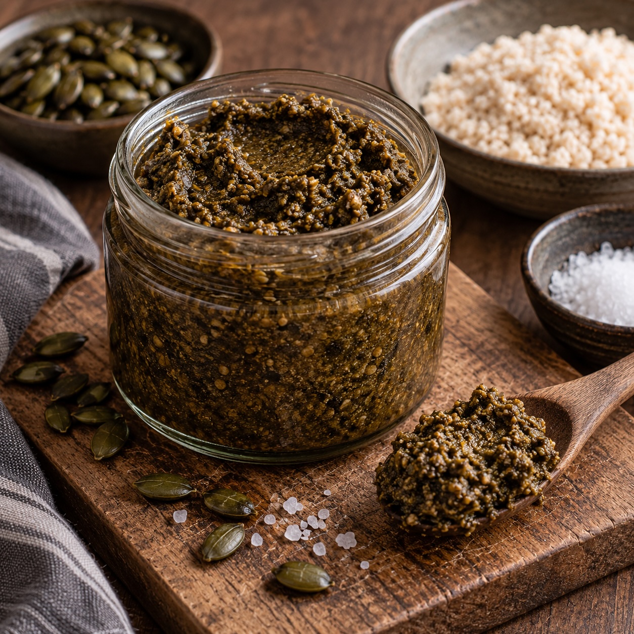 Fertiges Kürbiskern-Miso mit dunkler, leicht körniger Struktur