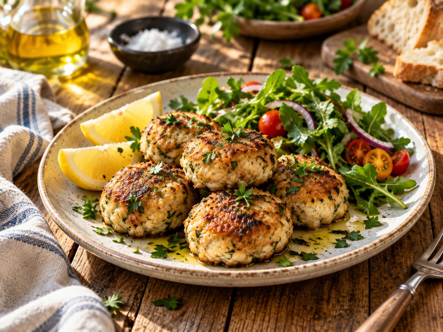Gebratene Branzino-Polpette aus Wolfsbarsch mit Zitrone und Petersilie