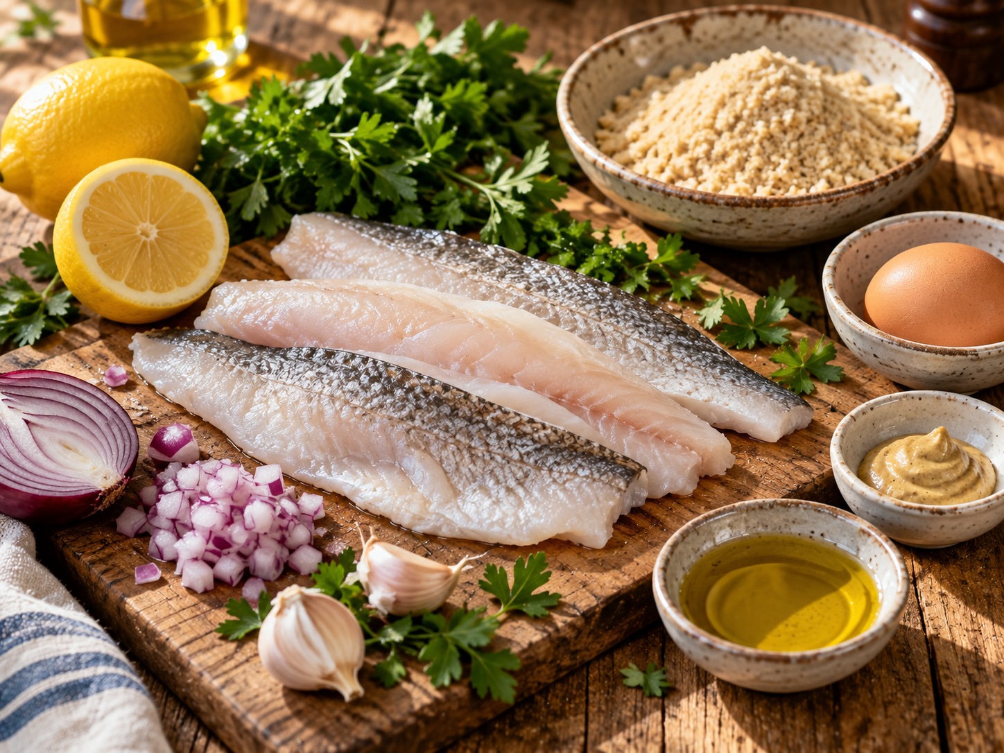 Wolfsbarschfilet mit Zitrone, Kräutern, Zwiebel und Knoblauch für Branzino-Polpette