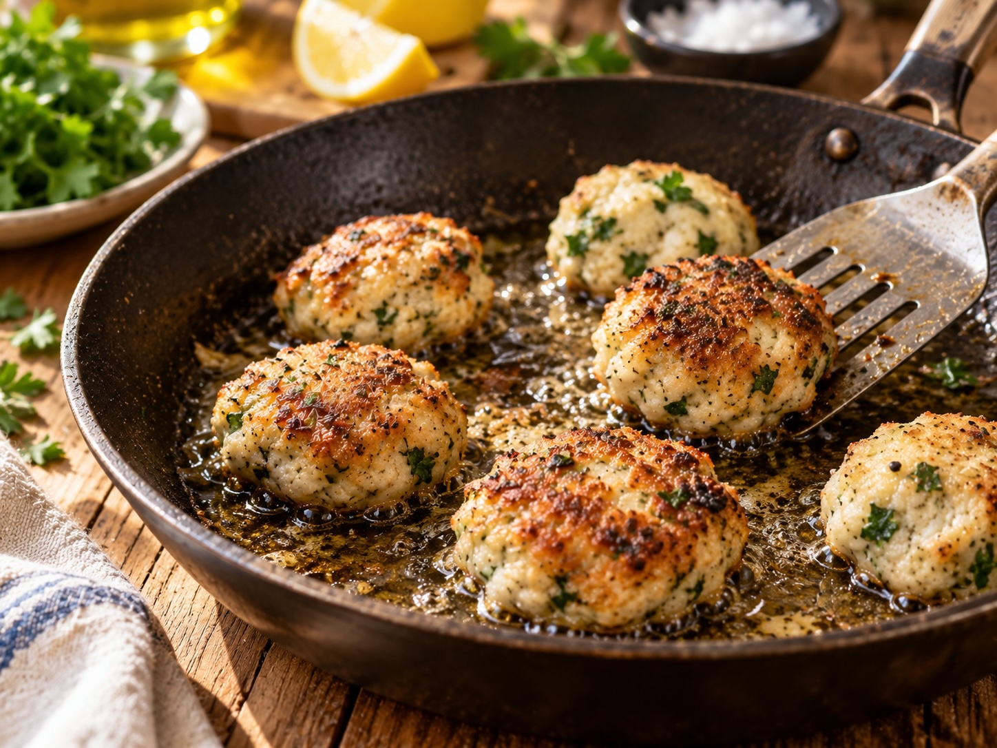 Branzino-Polpette beim Braten in der Pfanne