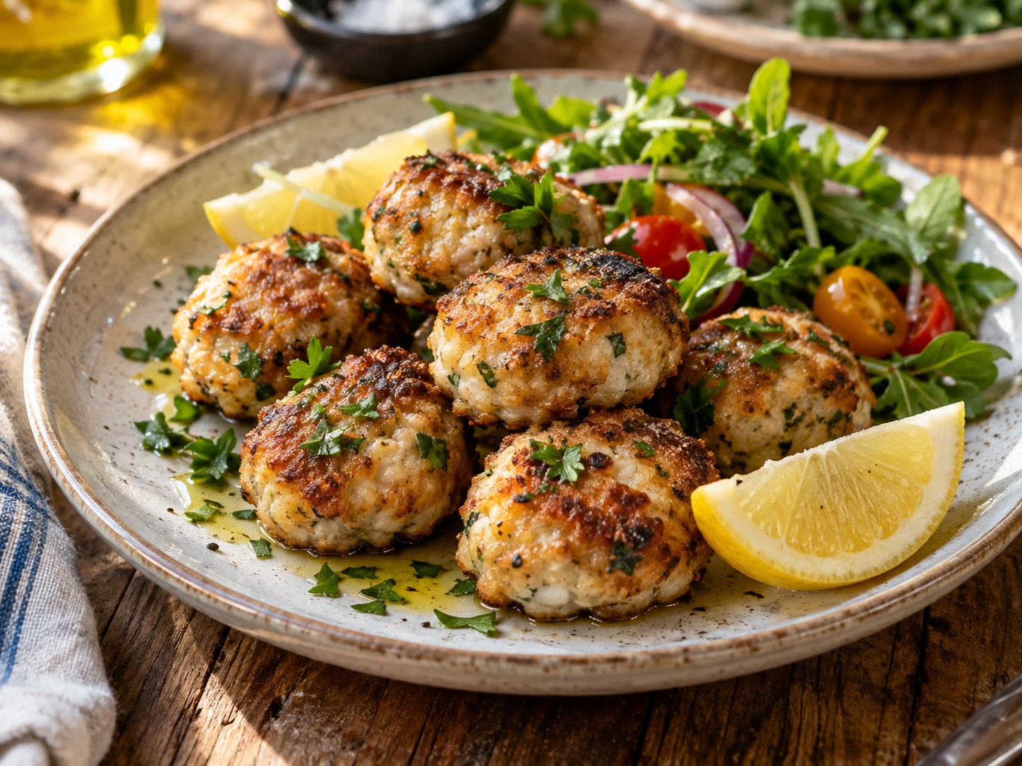 Servierte Branzino-Polpette mit Zitrone, Kräutern und Salat