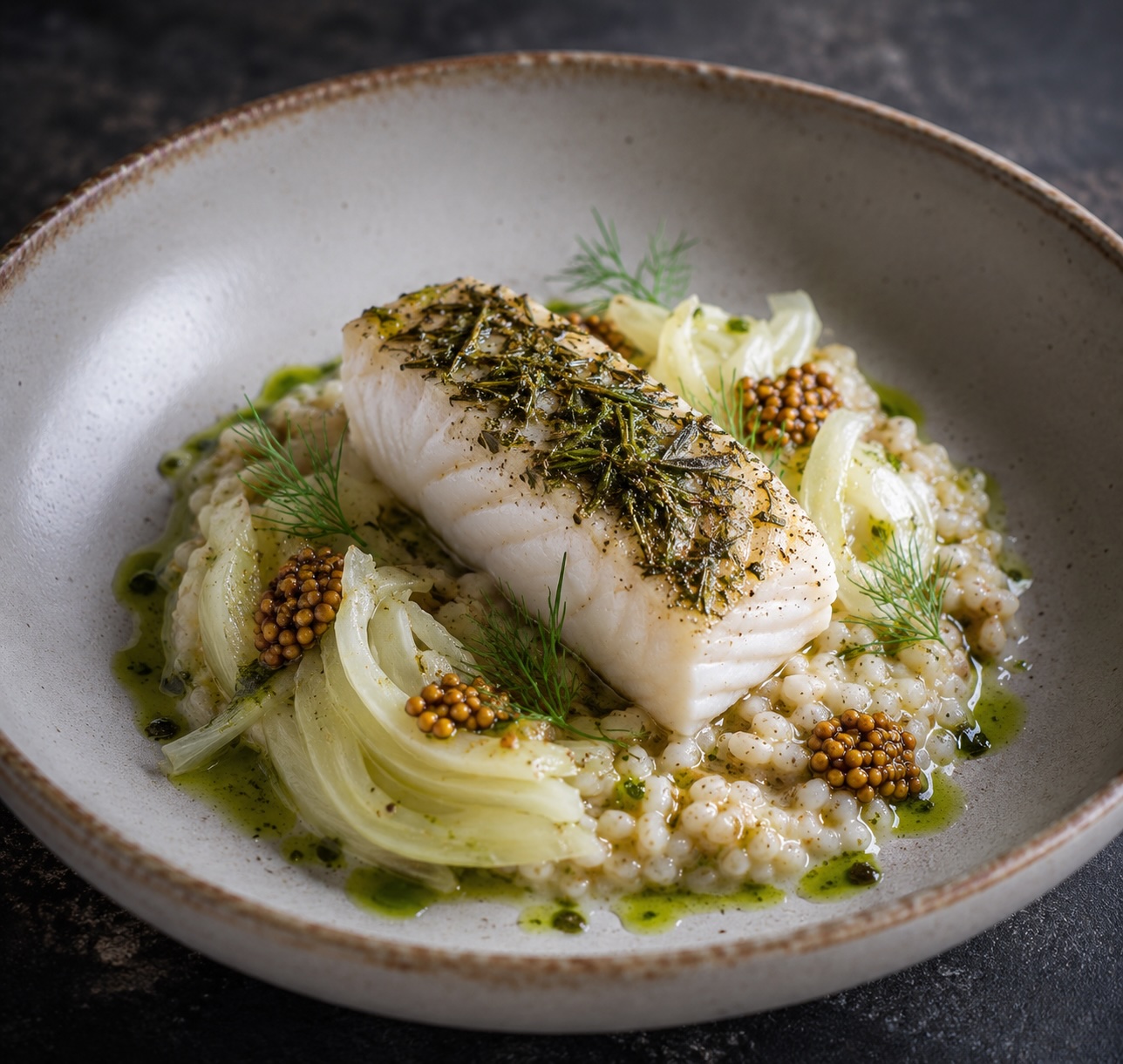 Rosmarin-Zander mit Hafer, Fenchel und eingelegten Senfkörnern