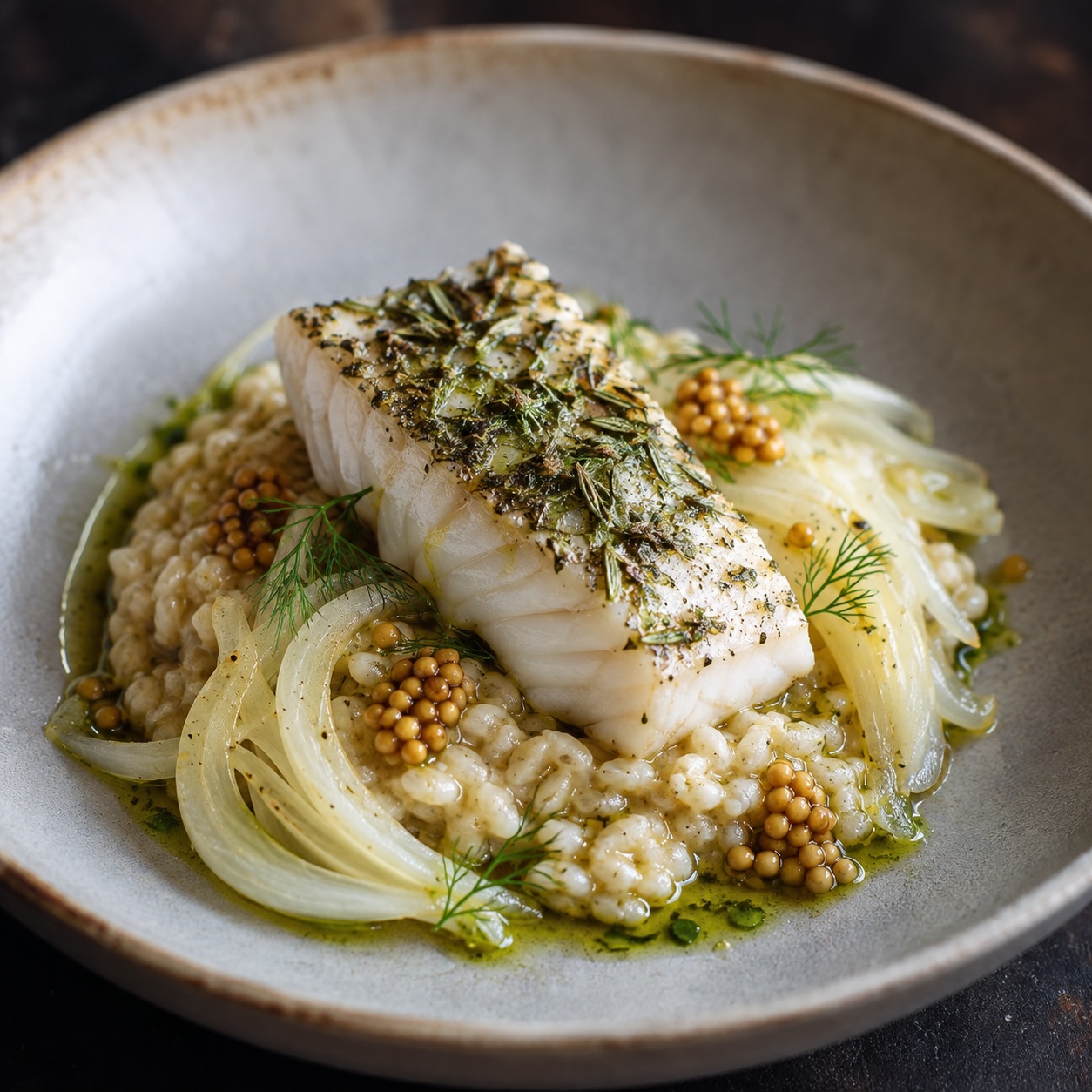 Gebeizter Rosmarin-Zander mit cremigem Hafer, Fenchel und eingelegten Senfkörnern
