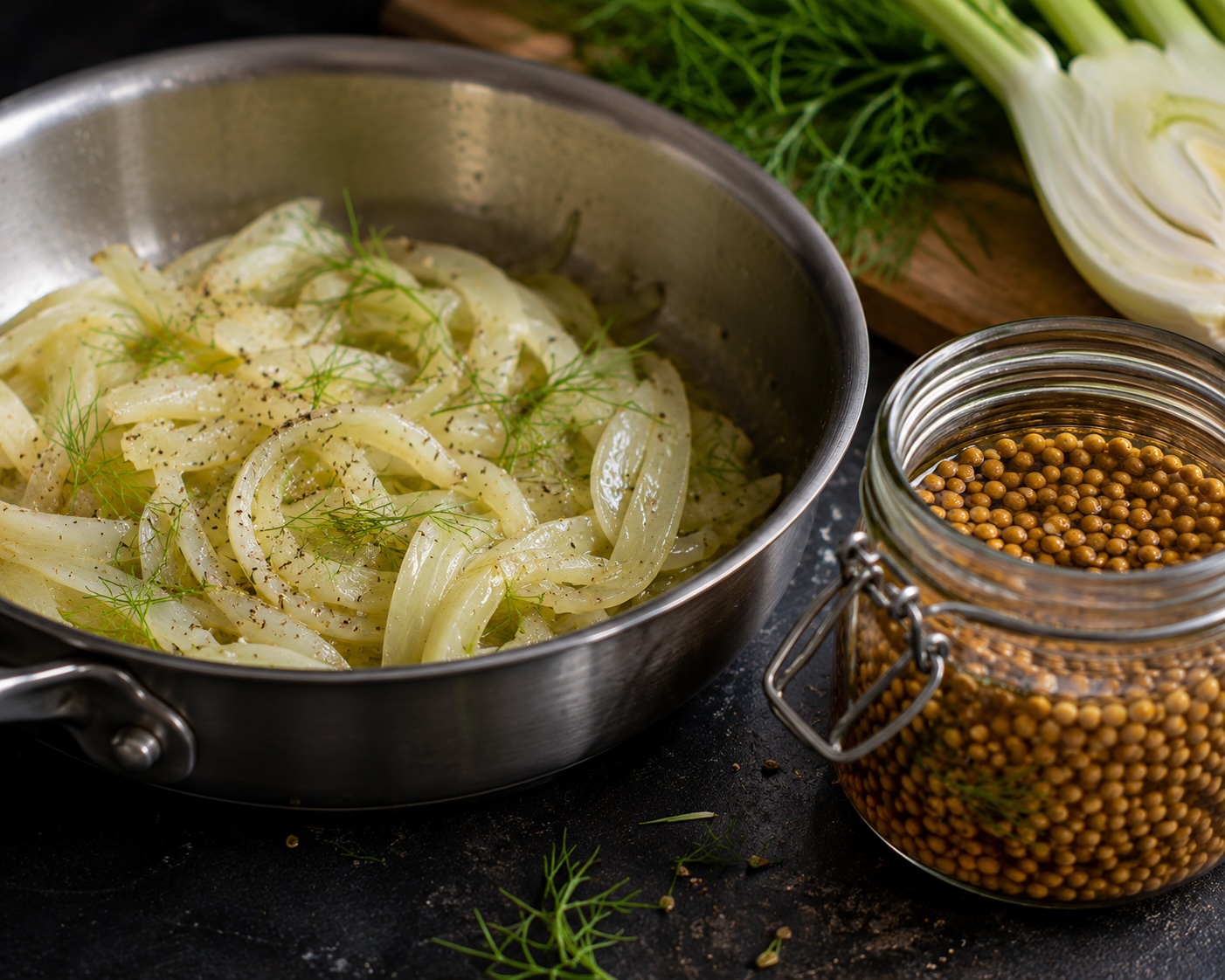 Fenchel dünsten und Senfkörner einlegen