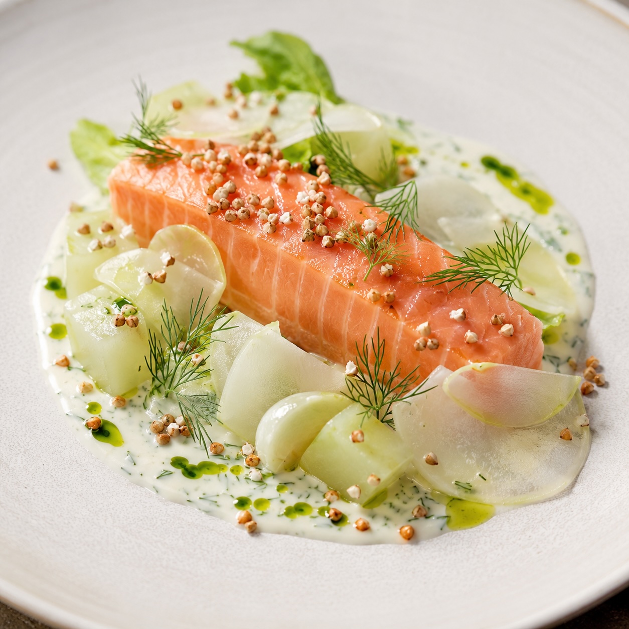 Lachsforelle mit Kohlrabi, Buttermilch-Dill-Sauce und gepufftem Buchweizen