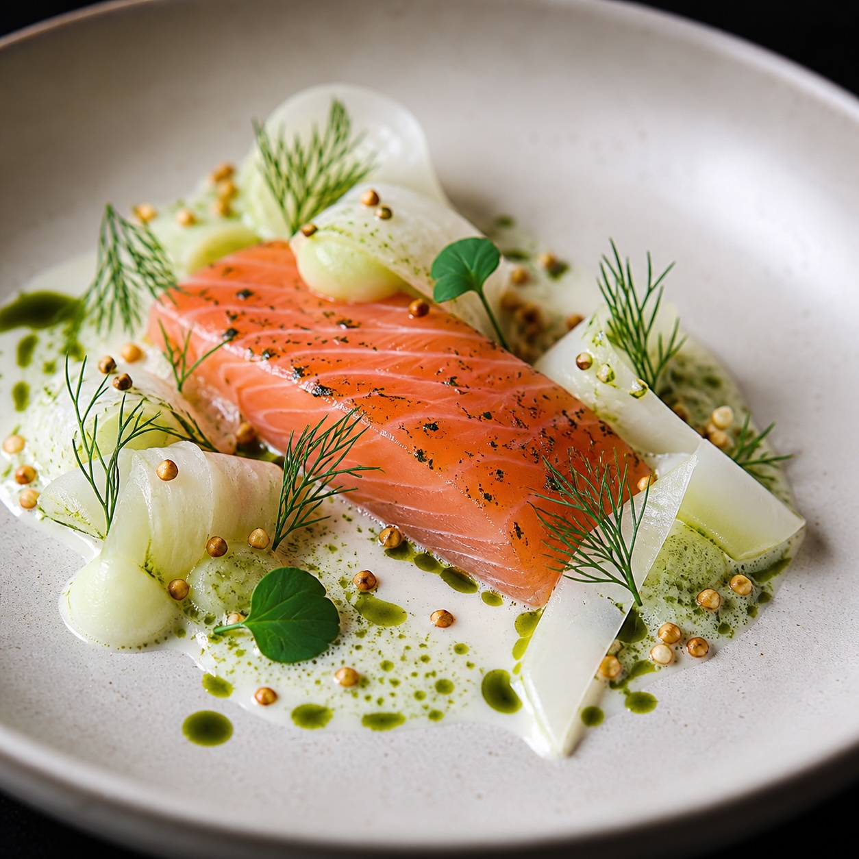 Lachsforelle mit Kohlrabi, Buttermilch, Dill und gepufftem Buchweizen