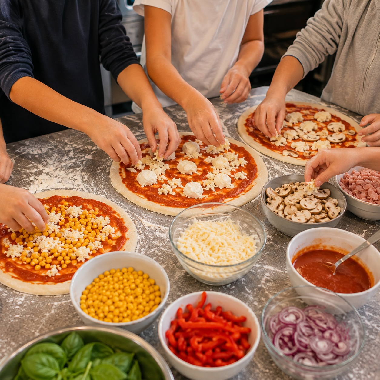 Kinder belegen hausgemachte Pizza mit Tomatensauce und Mozzarella