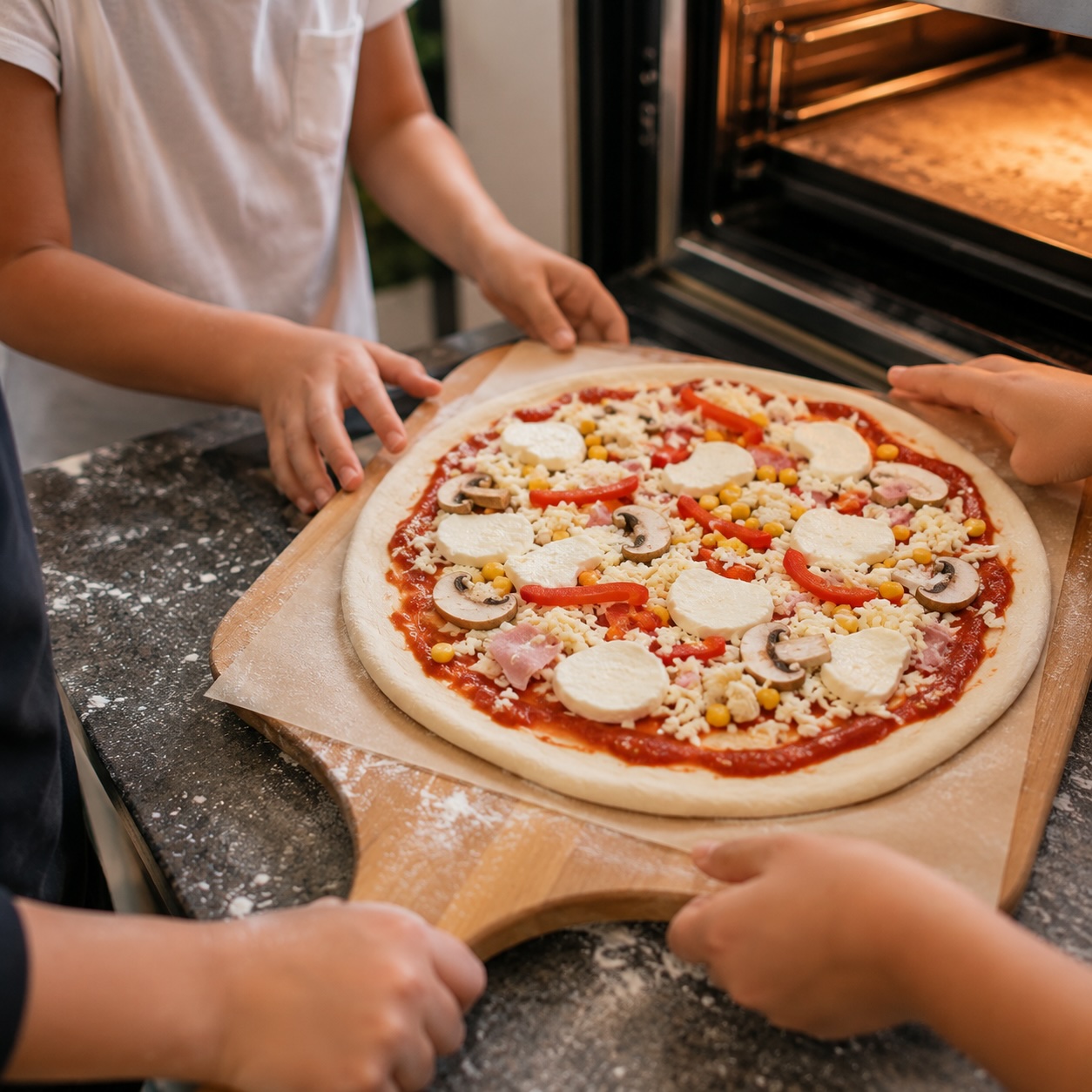 Frisch belegte hausgemachte Pizza vor dem Backen
