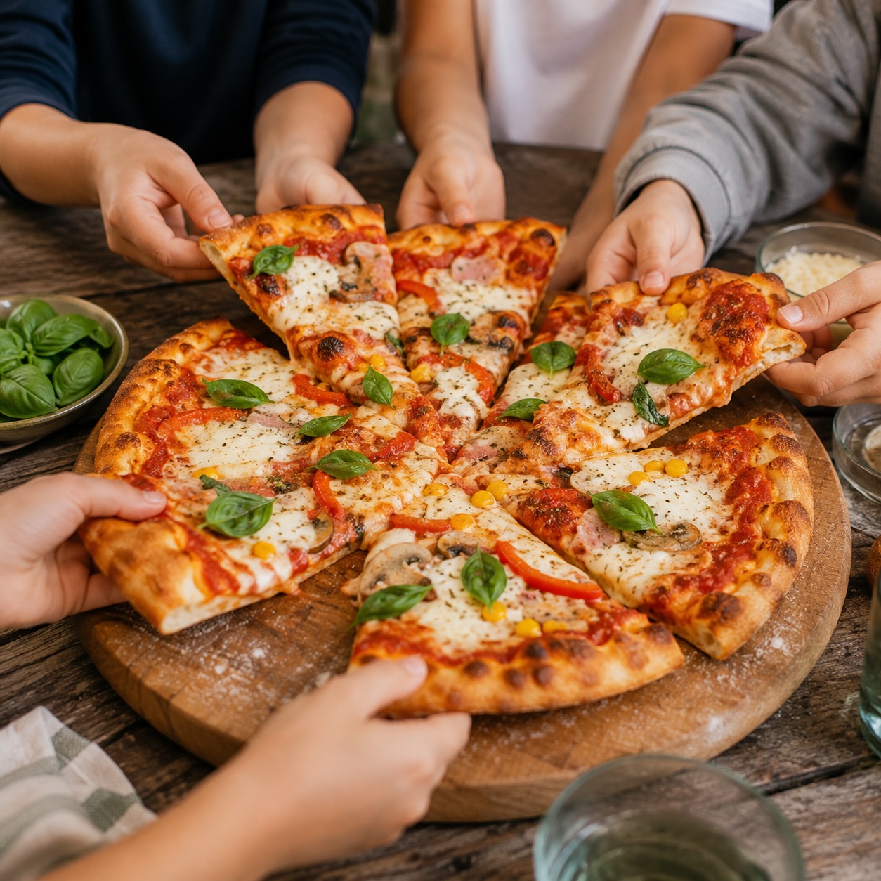 Fertig gebackene hausgemachte Pizza mit Mozzarella und Basilikum