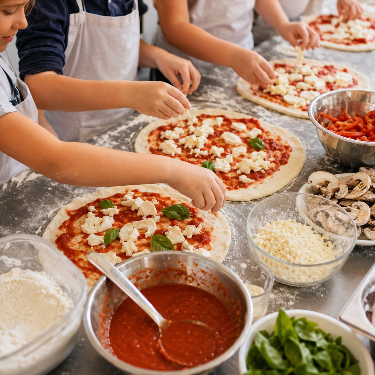 Hausgemachte Pizza beim gemeinsamen Kochen mit Kindern