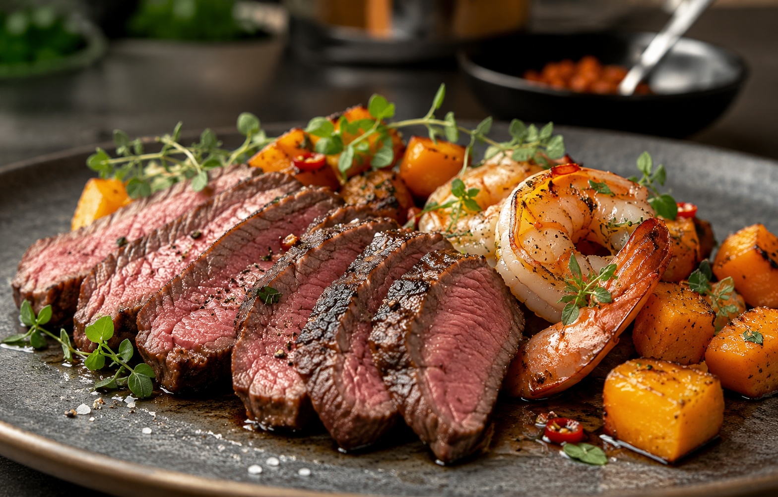 Steak und Fisch zusammen in der Pfanne