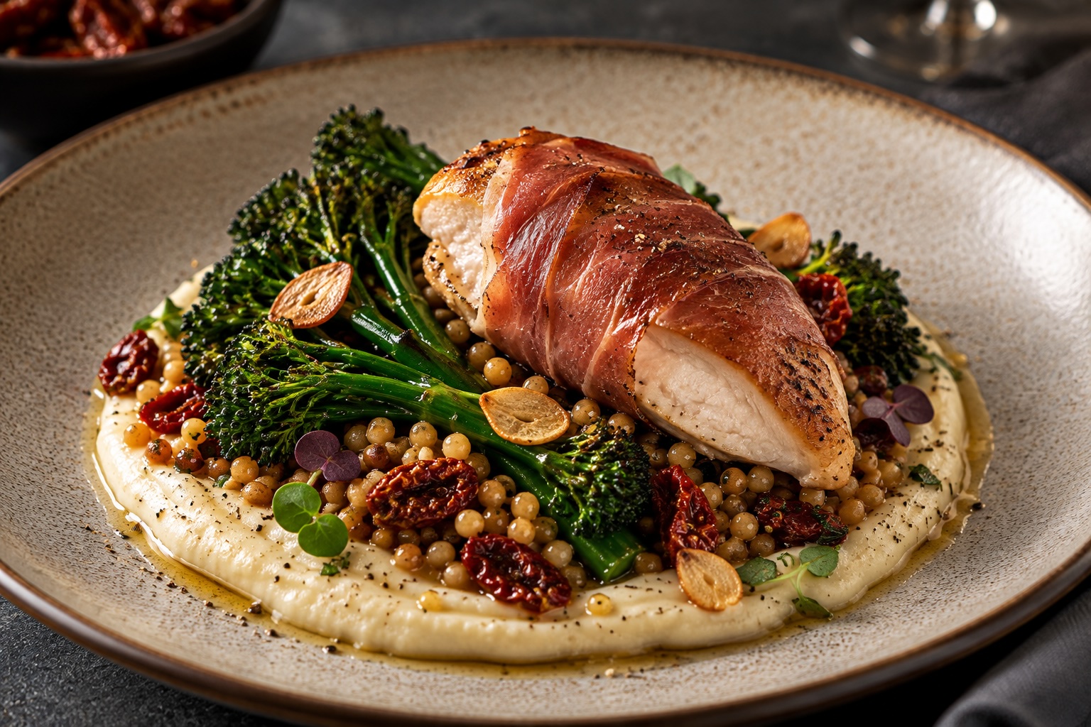 Saltimbocca vom Sulmtaler Maishendl mit Fregola Tostata