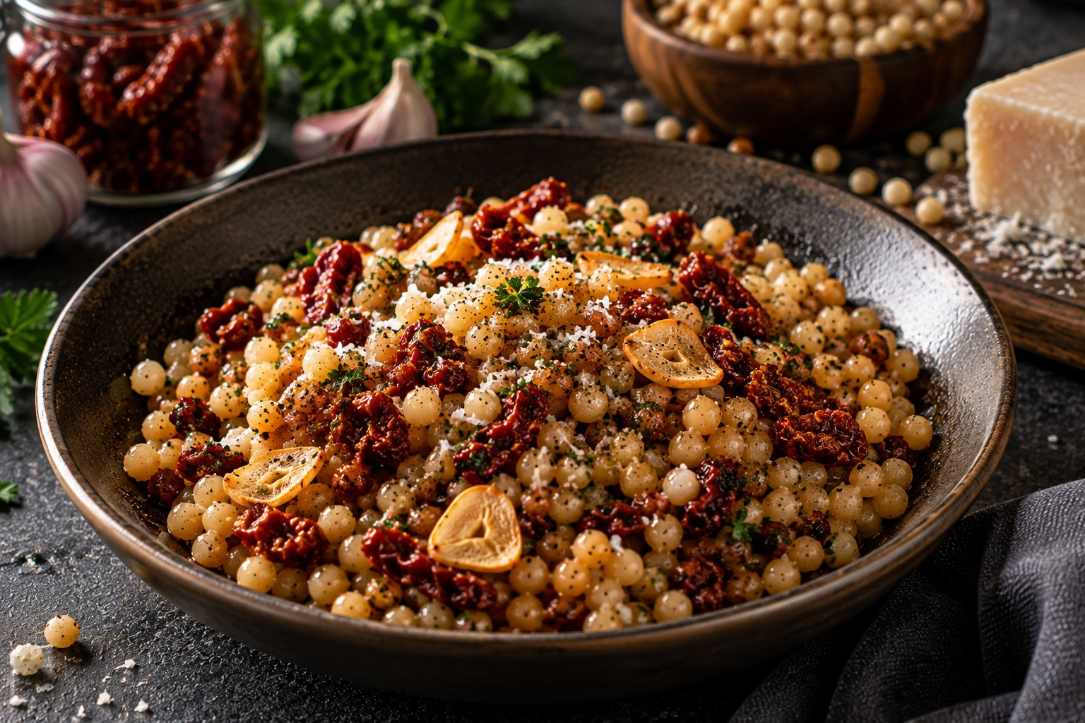 Fregola Tostata mit getrockneten Tomaten und Knoblauch