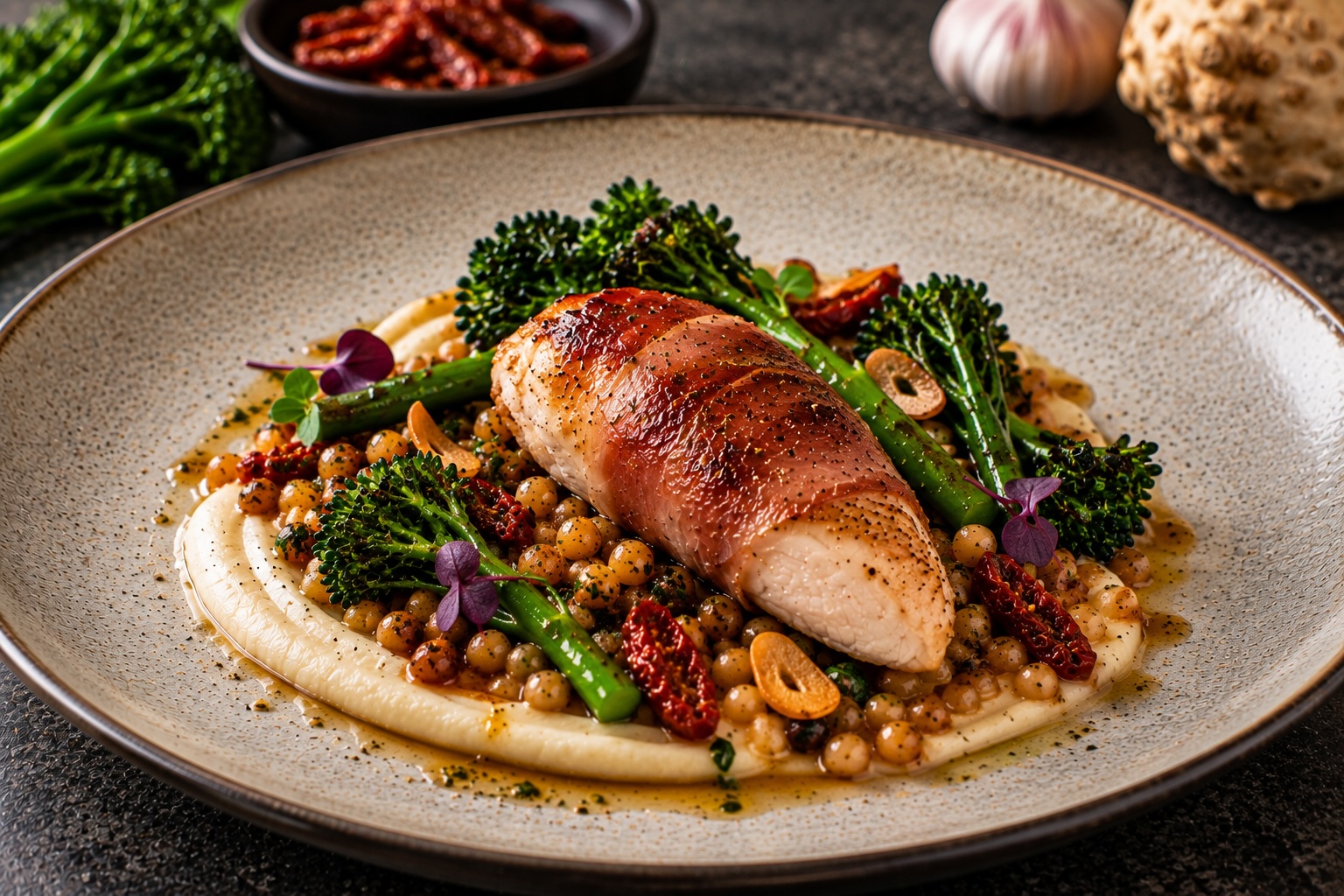Saltimbocca vom Sulmtaler Maishendl mit Fregola und wildem Brokkoli